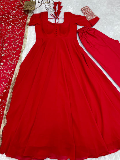 Luxurious Fox Georgette Red Gown Set with Heavy Sequins and Jari Work