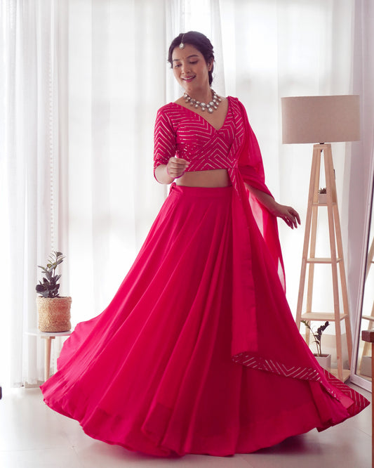 Ravishing Rani Pink Sequins Georgette Function Wear Lehenga Choli By Stylish Ethnic