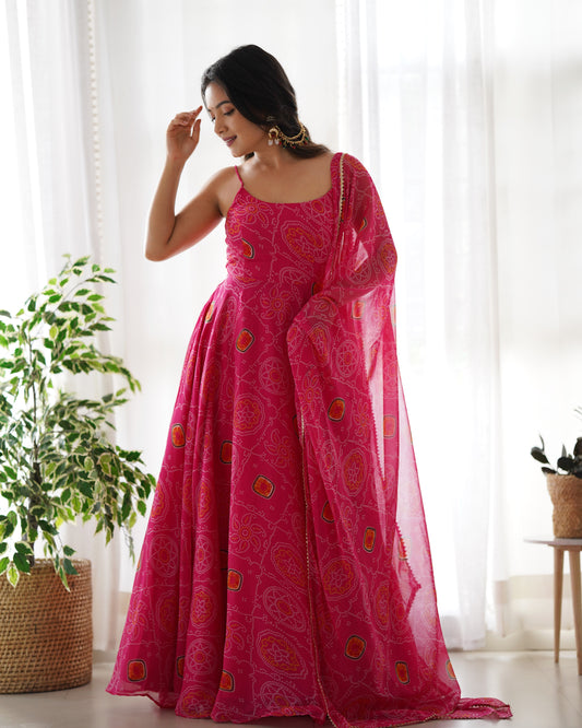 Floral Pink Color Bandhani Print Soft Chiffon Three Piece Anarkali Gown By Stylish Ethnic