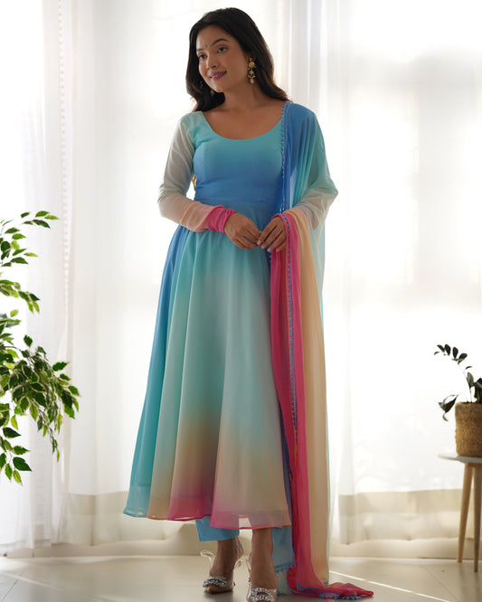 Multicolor Digital Print Faux Georgette Kurta Set By Stylish Ethnic