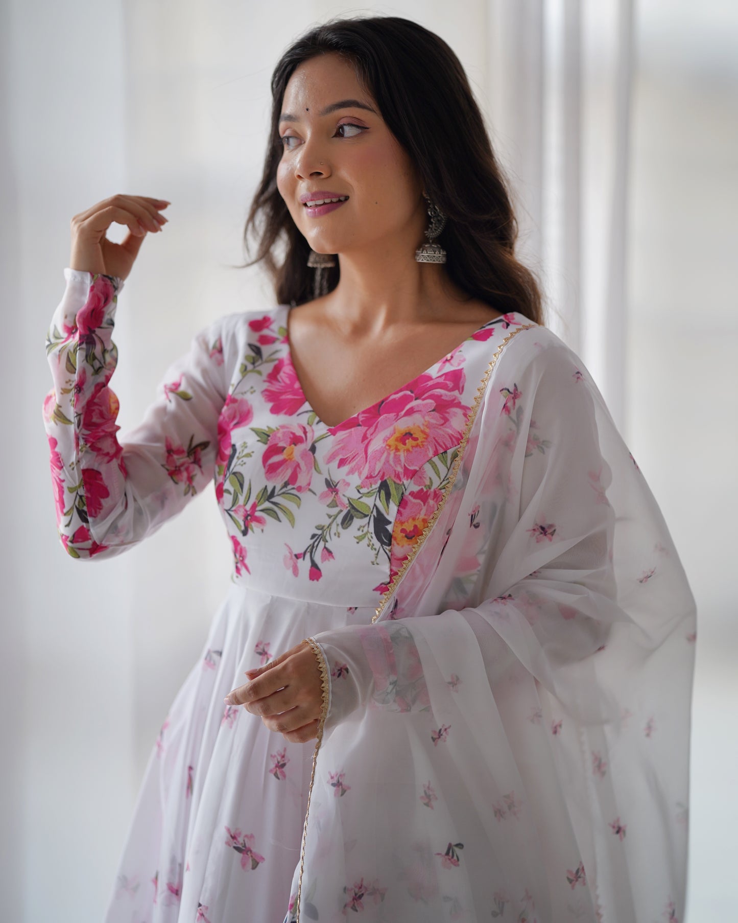 White & Pink floral Organza Anarkali By Stylish Ethnic