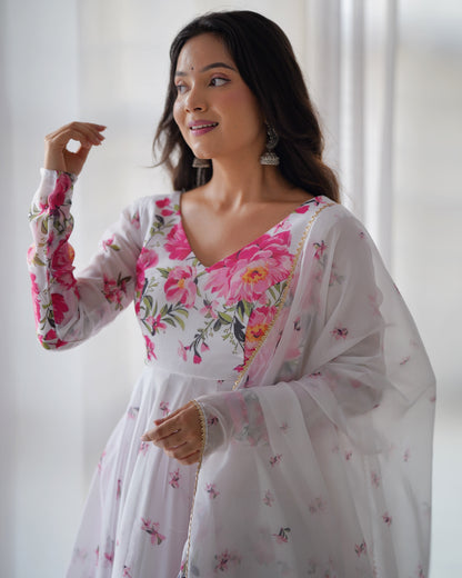 White & Pink floral Organza Anarkali By Stylish Ethnic