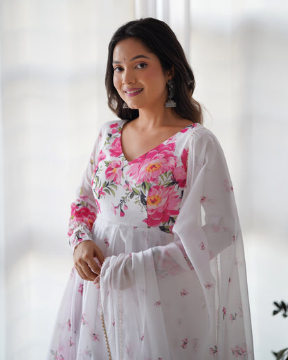 White & Pink floral Organza Anarkali By Stylish Ethnic