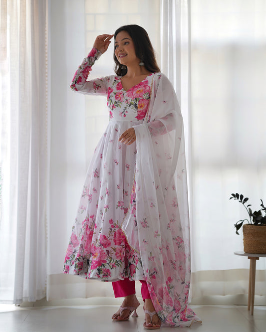 White & Pink floral Organza Anarkali By Stylish Ethnic