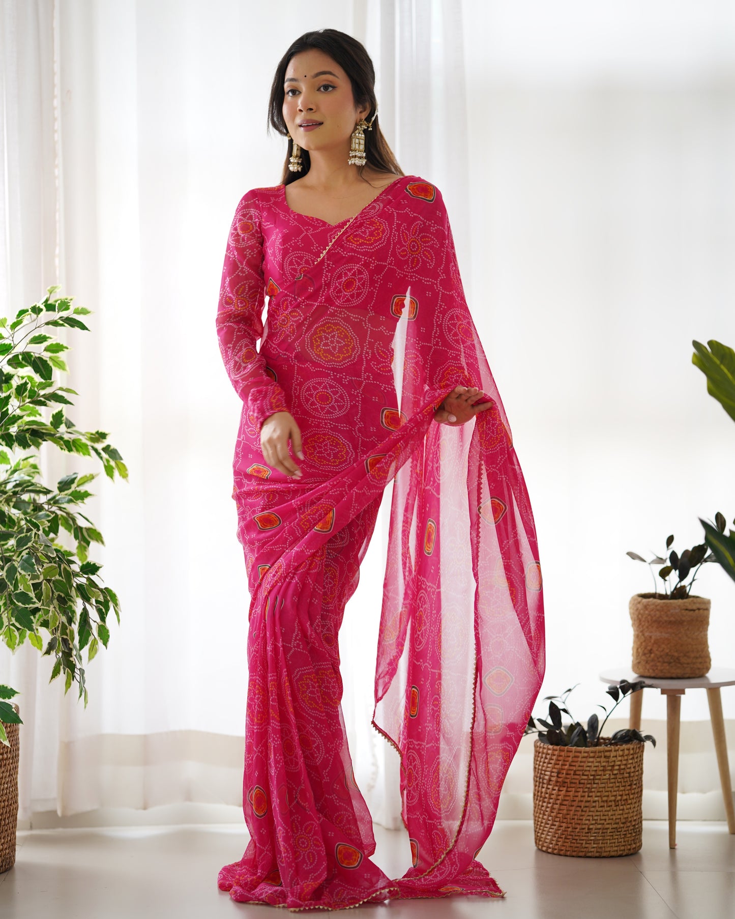 Beautiful Pink Bandhani Printed Chiffon Festival Wear Saree With Blouse By Stylish Ethnic