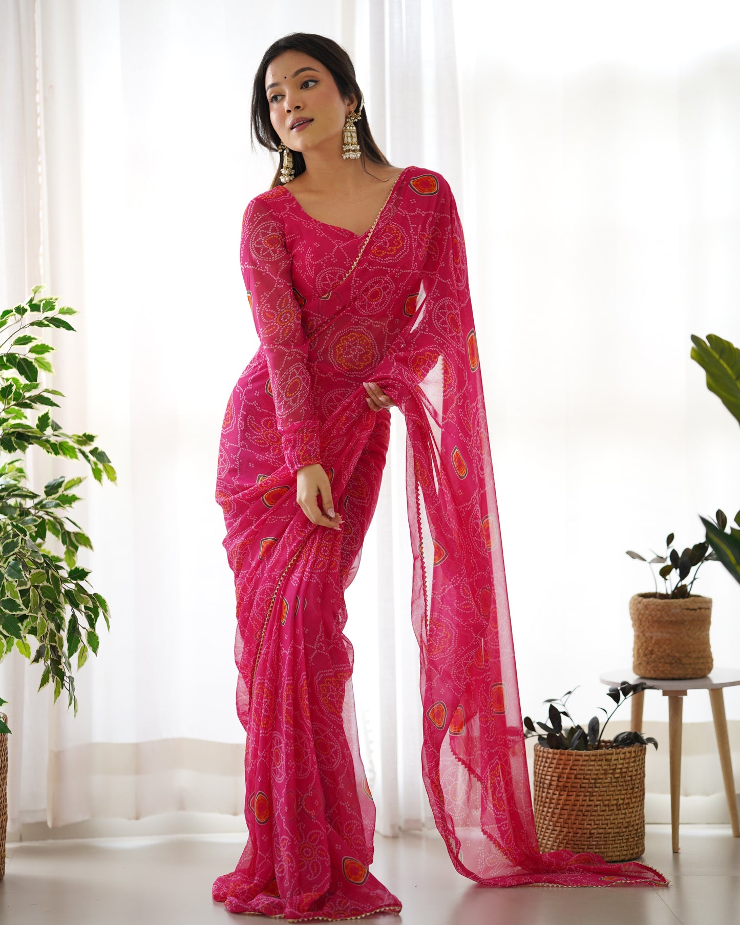 Beautiful Pink Bandhani Printed Chiffon Festival Wear Saree With Blouse By Stylish Ethnic