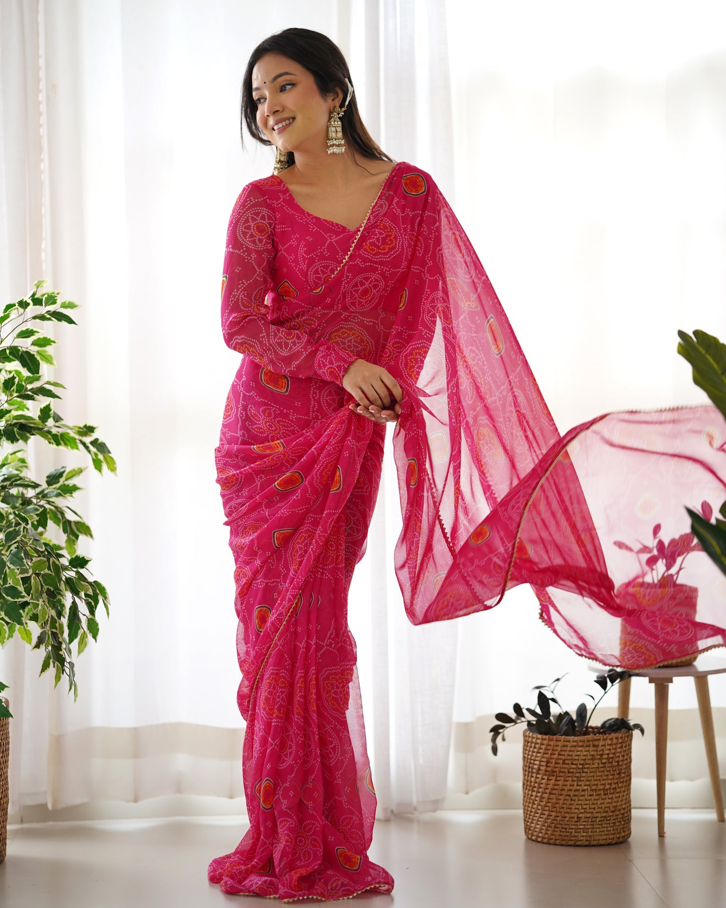 Beautiful Pink Bandhani Printed Chiffon Festival Wear Saree With Blouse By Stylish Ethnic