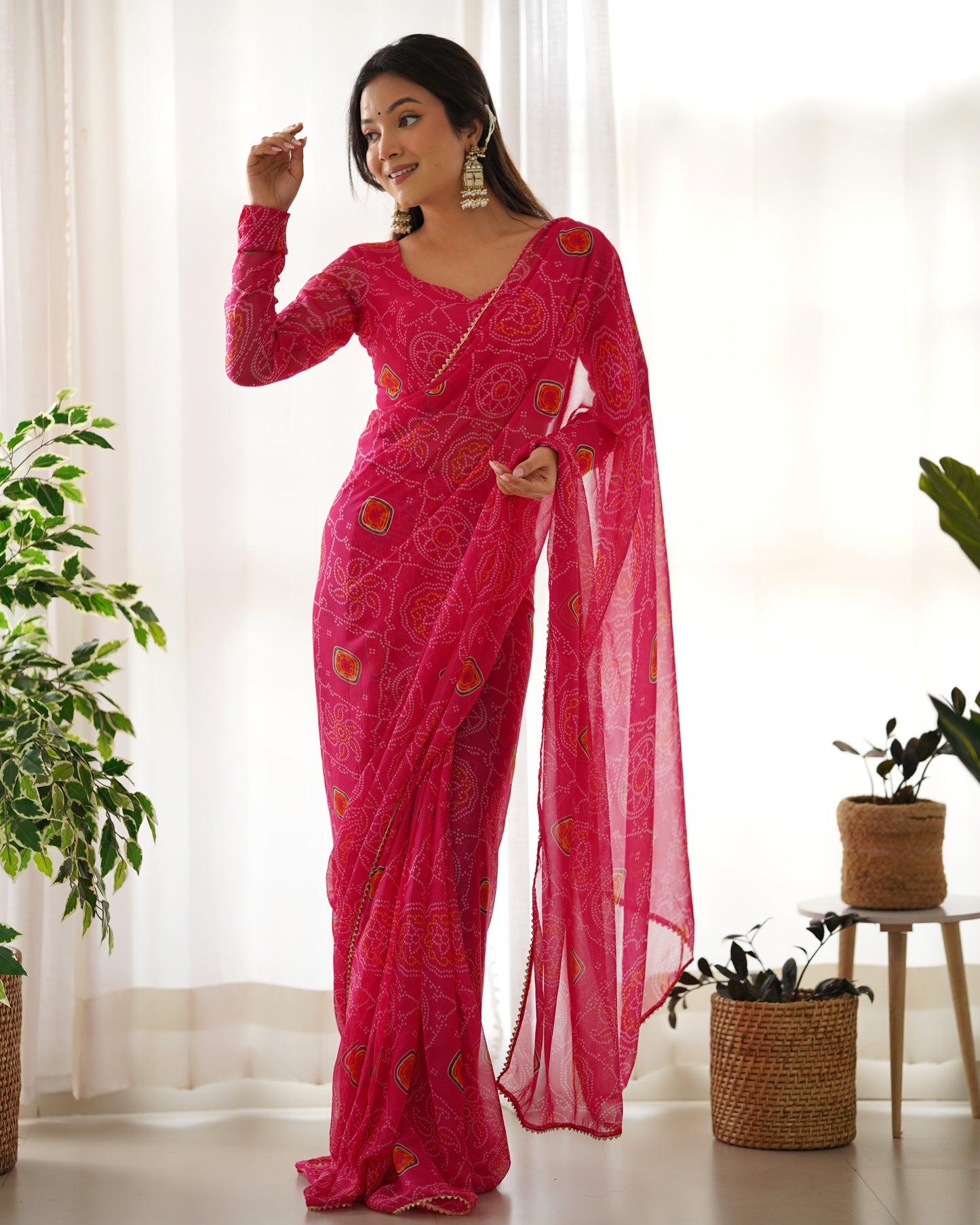 Beautiful Pink Bandhani Printed Chiffon Festival Wear Saree With Blouse By Stylish Ethnic