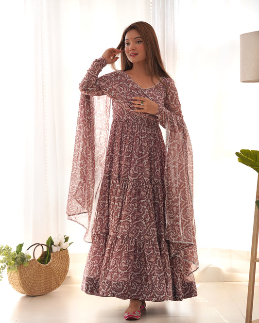 Amazing Brown Digital Printed Long Anarkali Gown With Dupatta