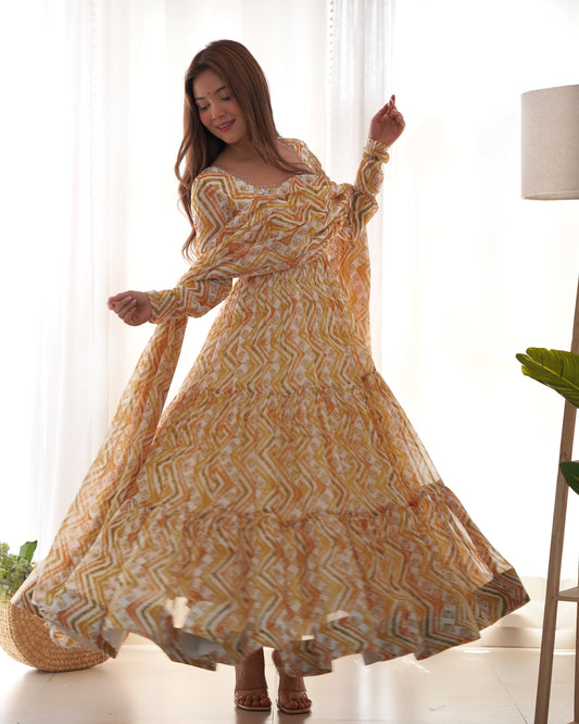 Light Yellow Color Soft Georgette Ruffle Style Anarkali Suit By Stylish Ethnic