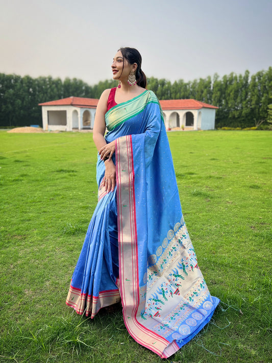 Sky Blue Weaved Zari Paithani Broad Border Silk Saree