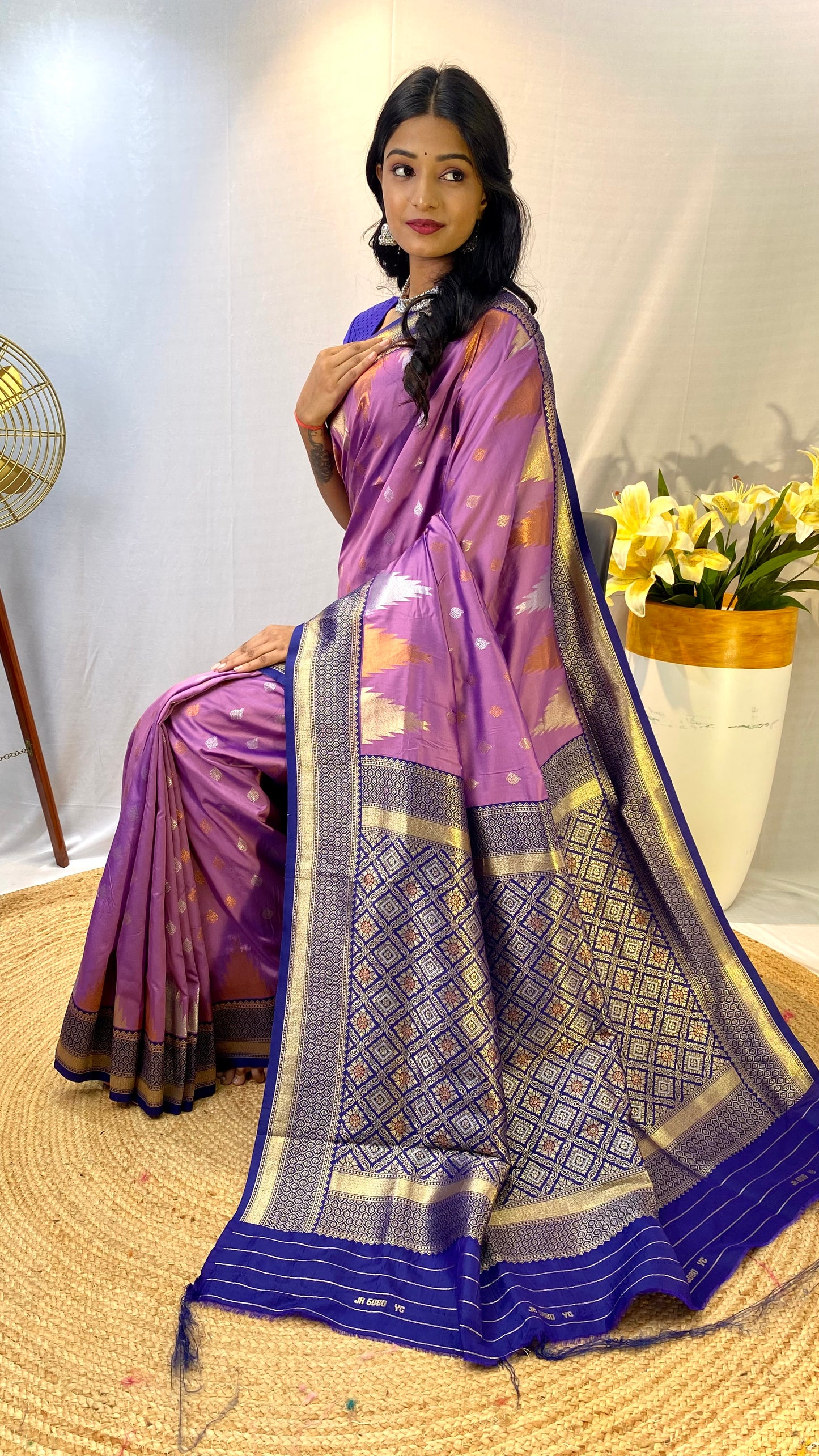 Lavender Print Work Silk Traditional Saree