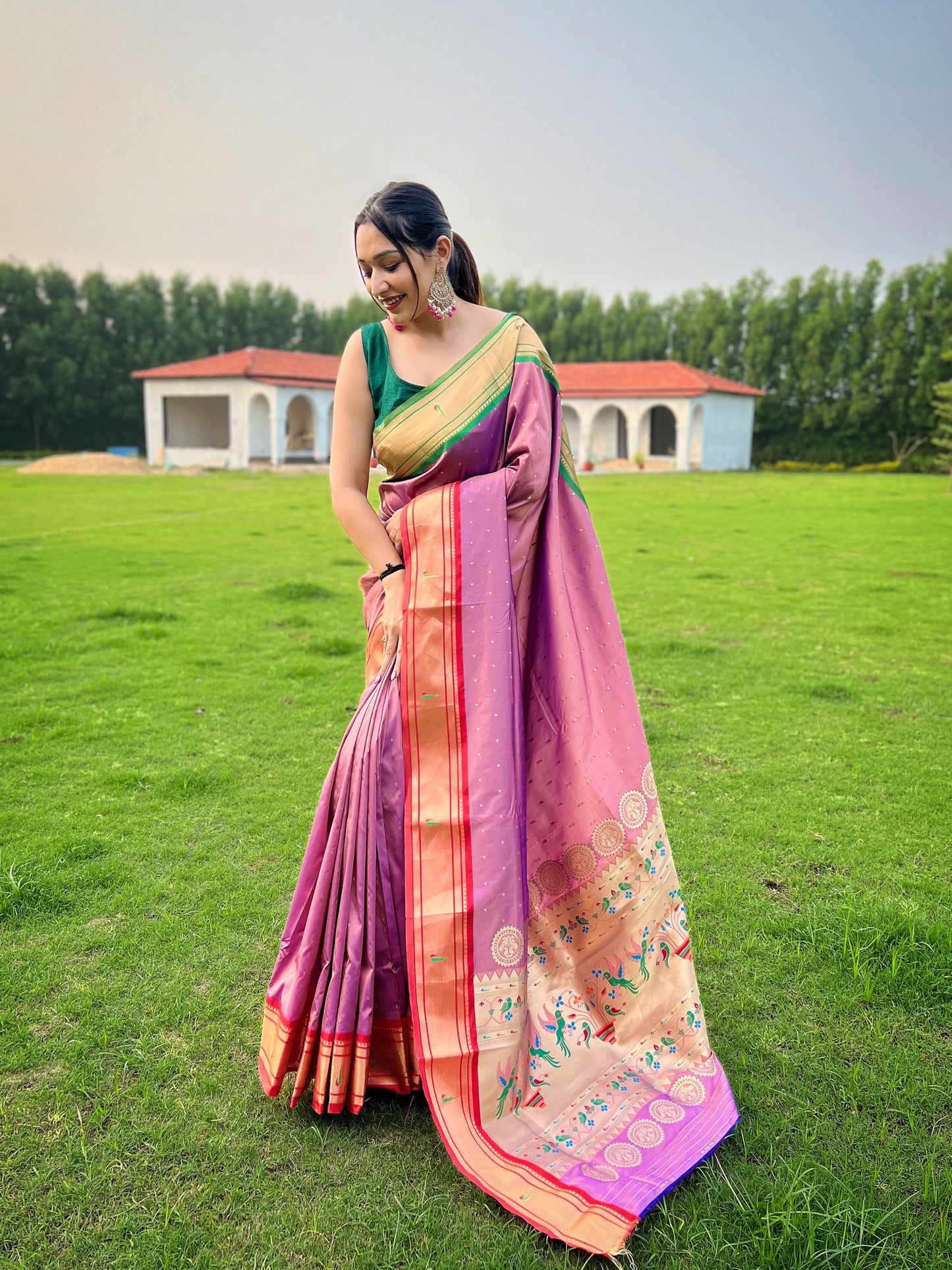 Lavender Weaved Zari Paithani Broad Border Silk Saree