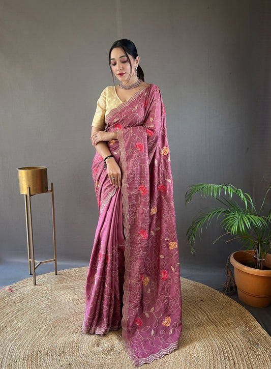 Lavender Embroidered Saree with Scalloped Border