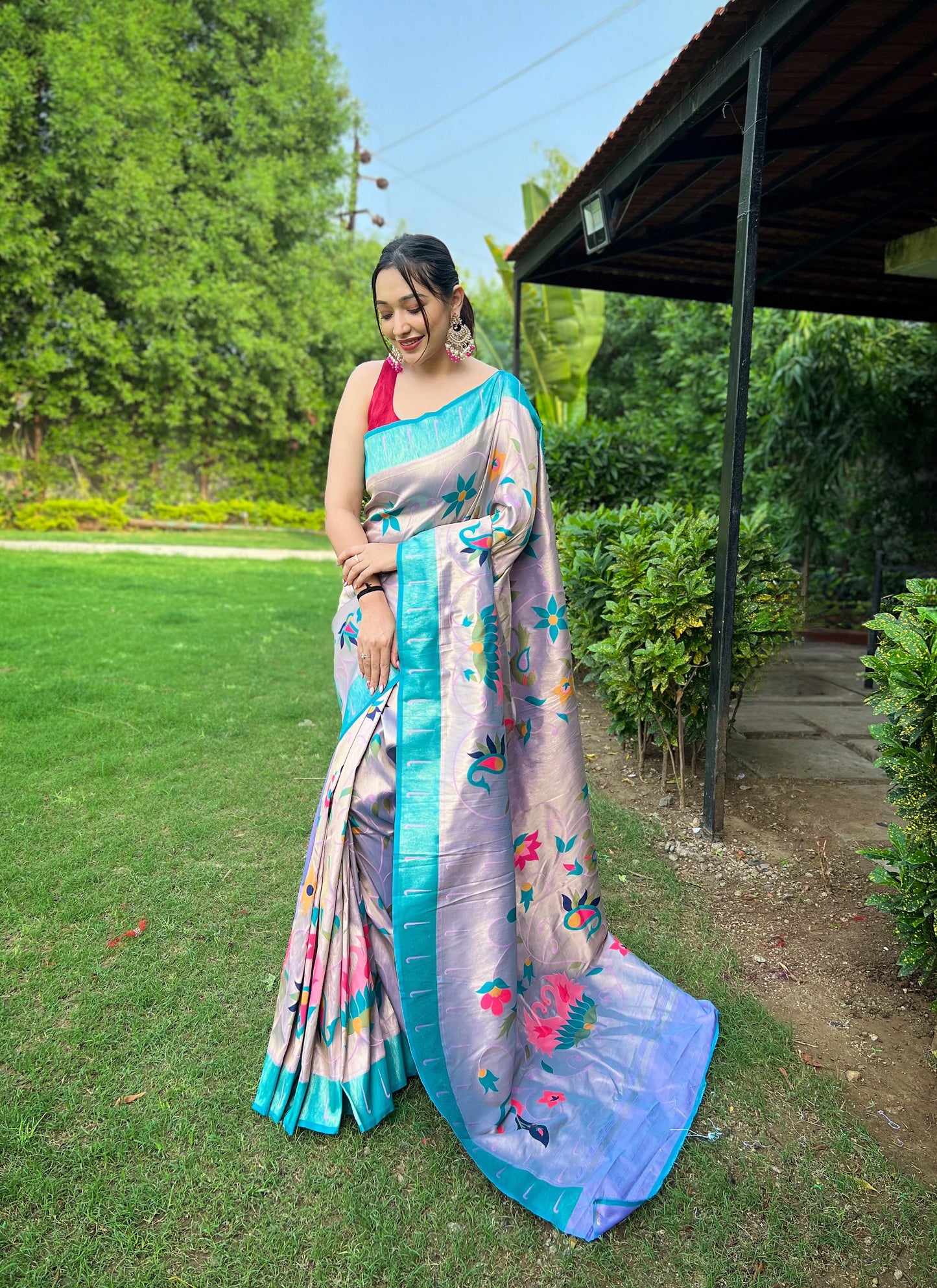 Lavender Floral Paithani Silk Saree Set