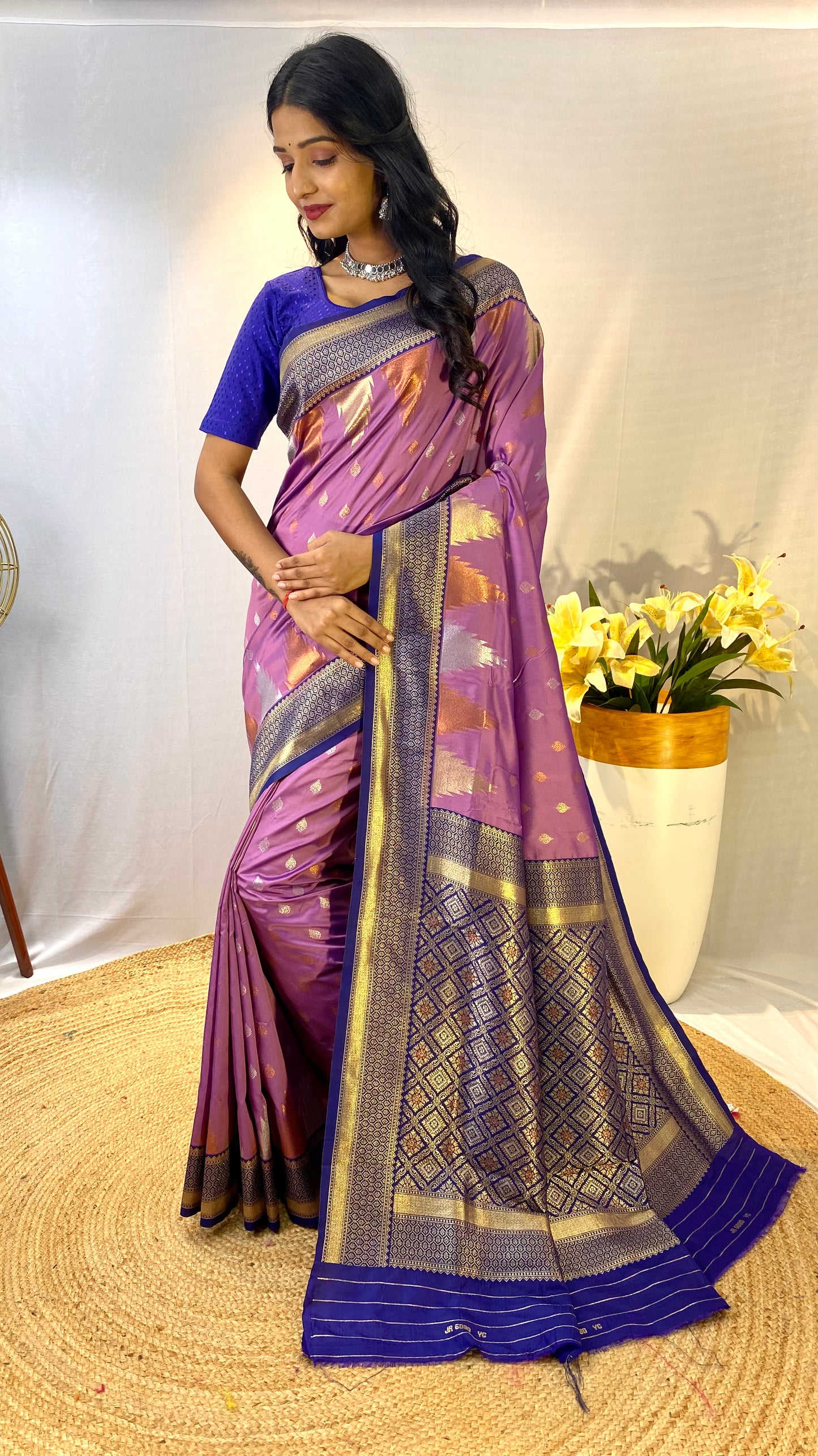 Lavender Print Work Silk Traditional Saree