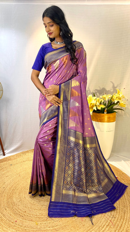 Lavender Print Work Silk Traditional Saree