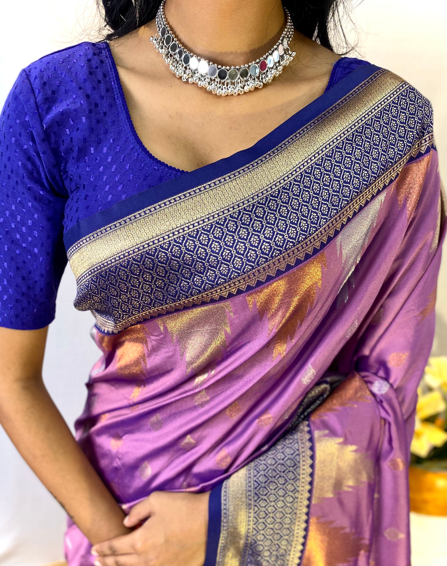 Lavender Print Work Silk Traditional Saree