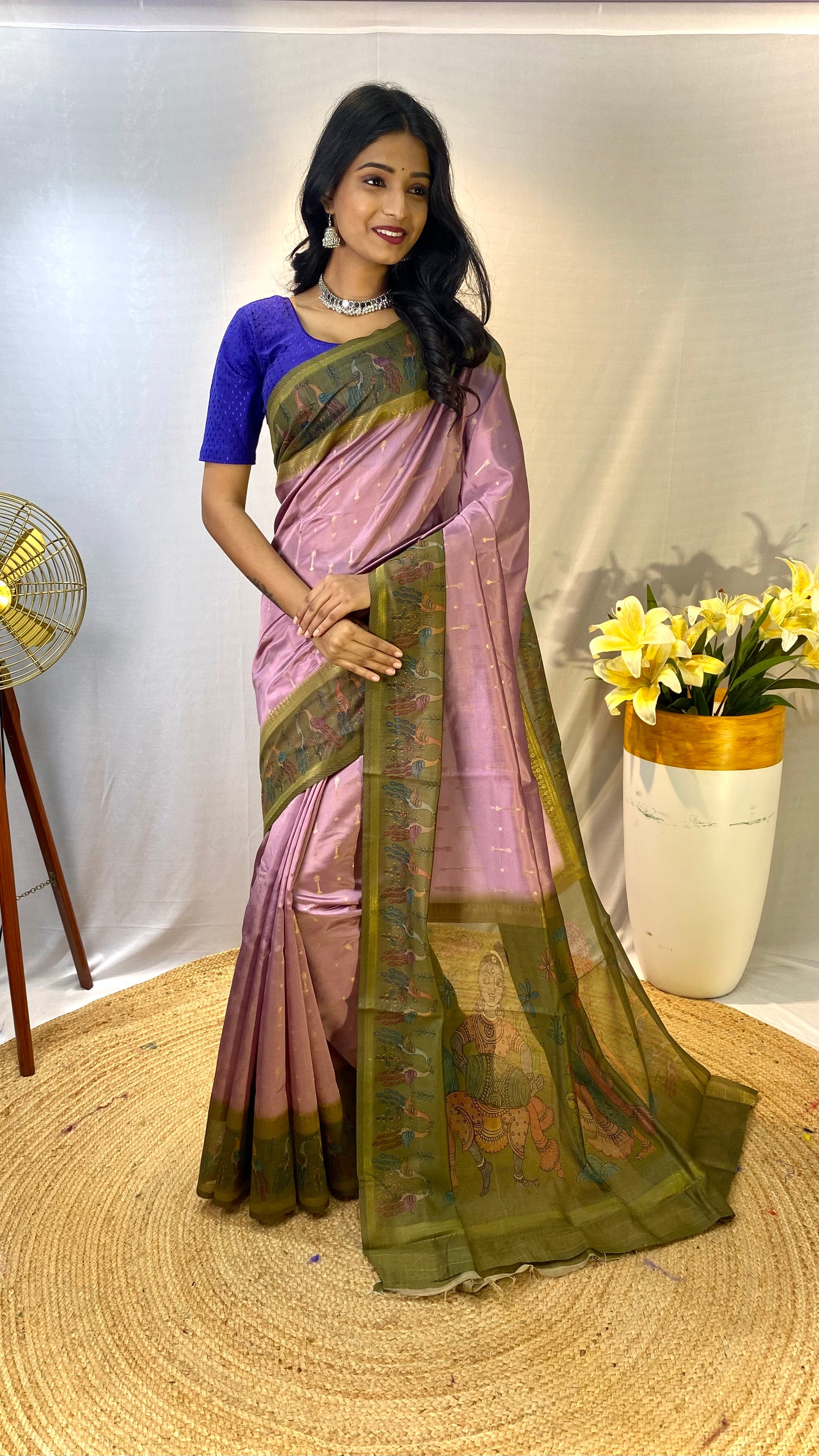 Pink Chanderi Silk Sarees With Contrast Pallu & Border Printed With Contrast Blouse