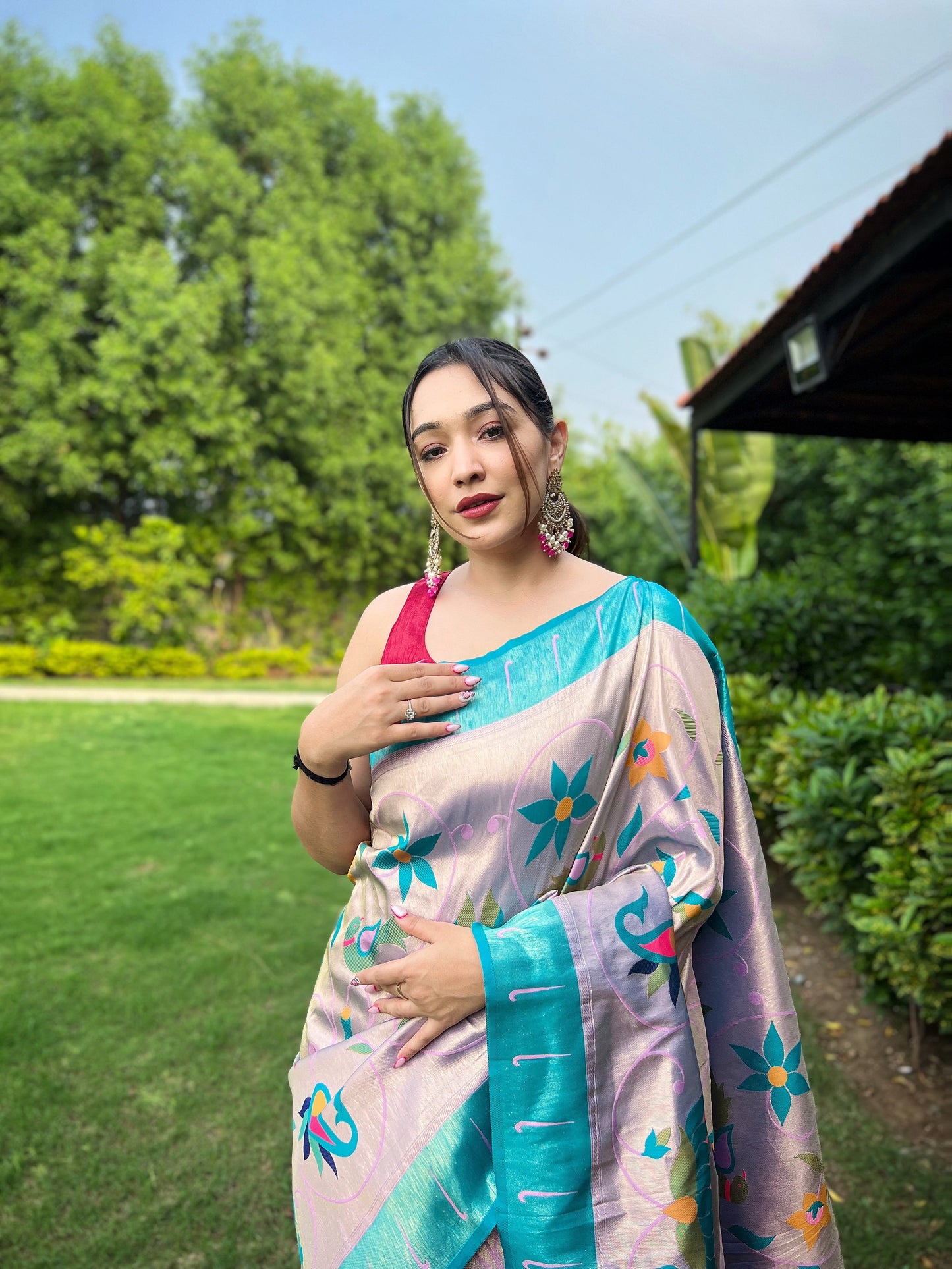 Lavender Floral Paithani Silk Saree Set