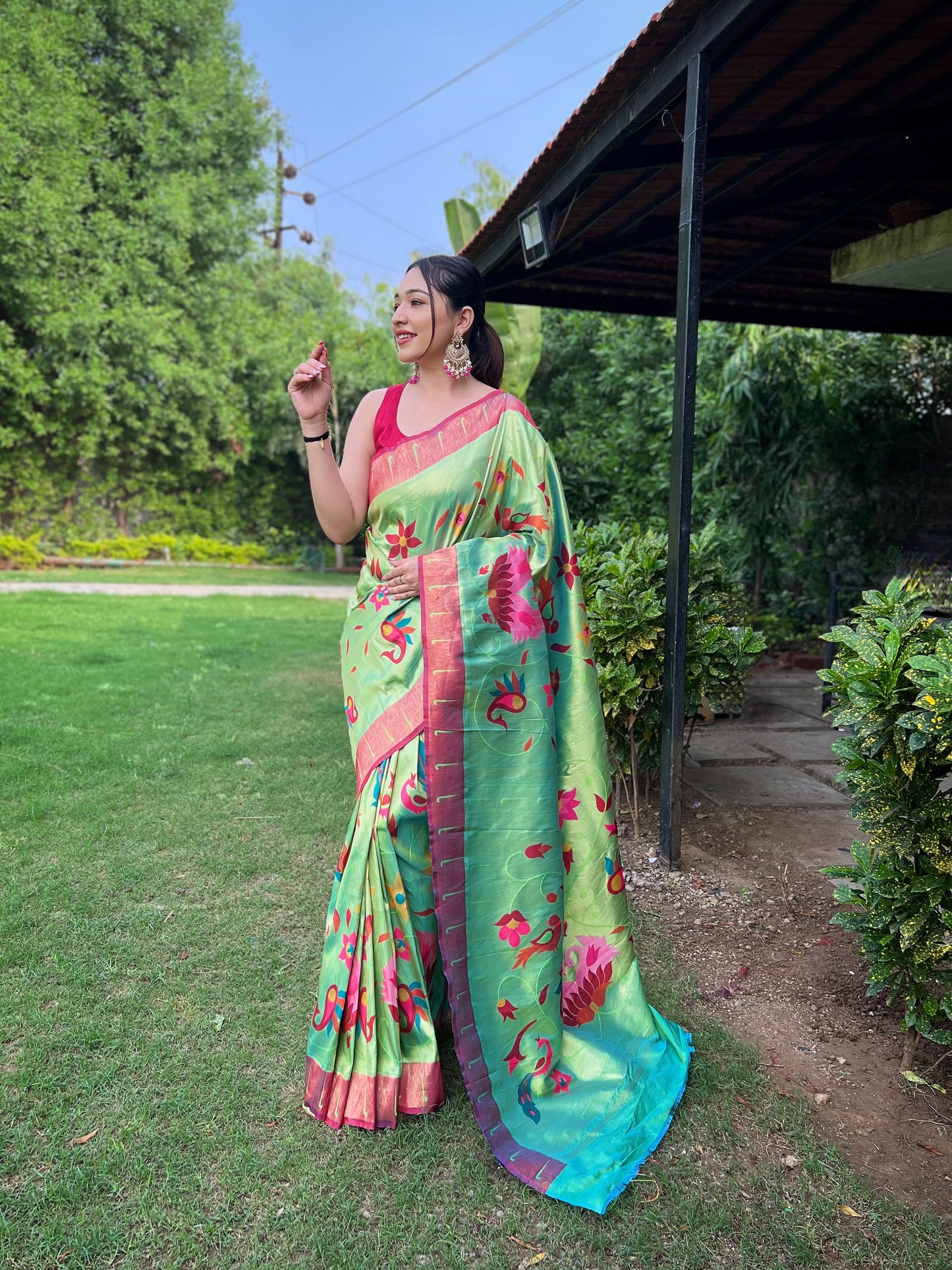 Lime Green Floral Paithani Silk Saree Set