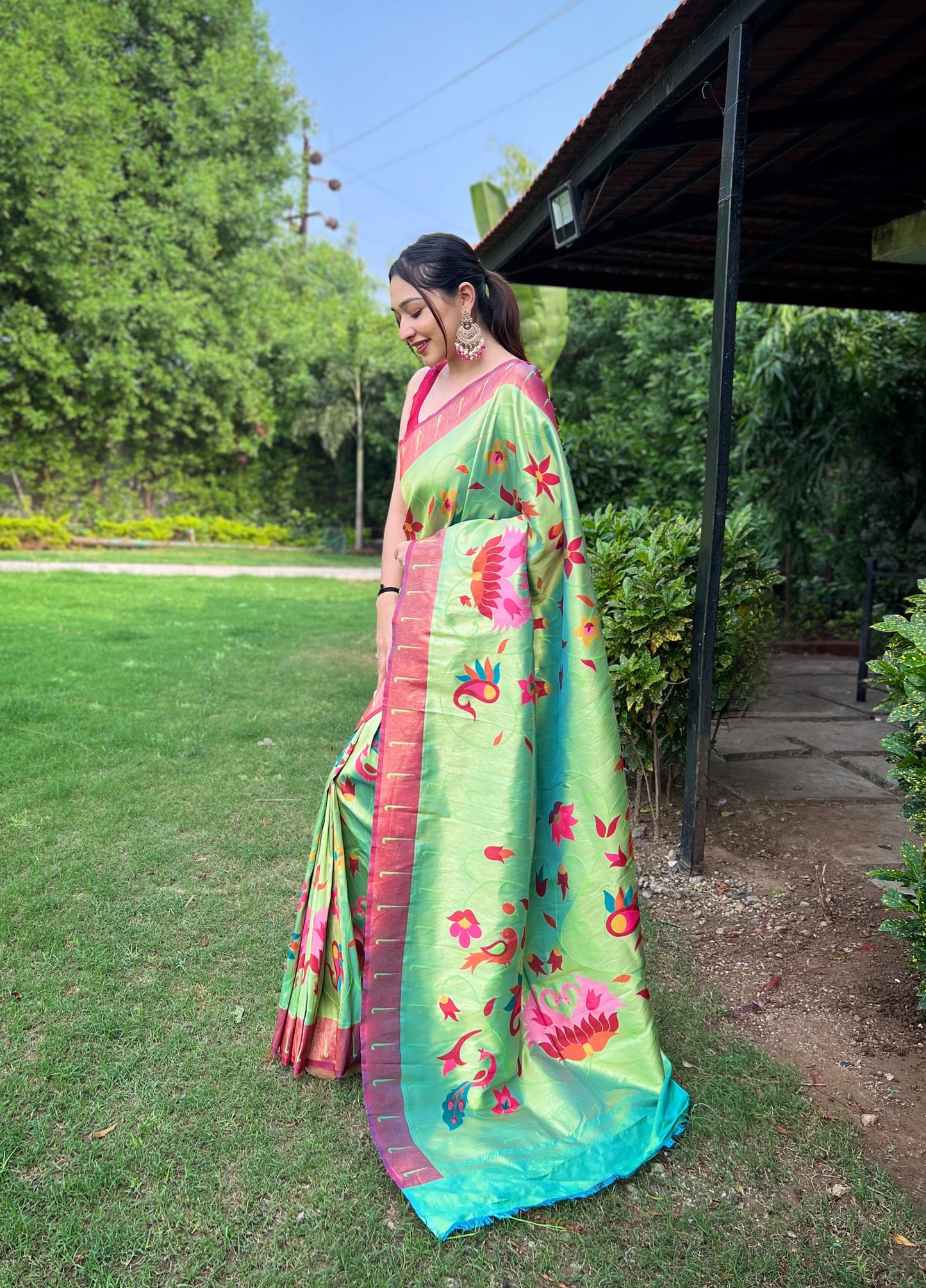 Lime Green Floral Paithani Silk Saree Set