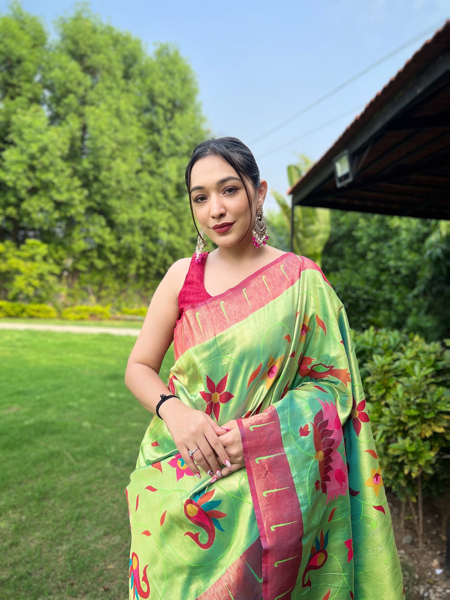 Lime Green Floral Paithani Silk Saree Set