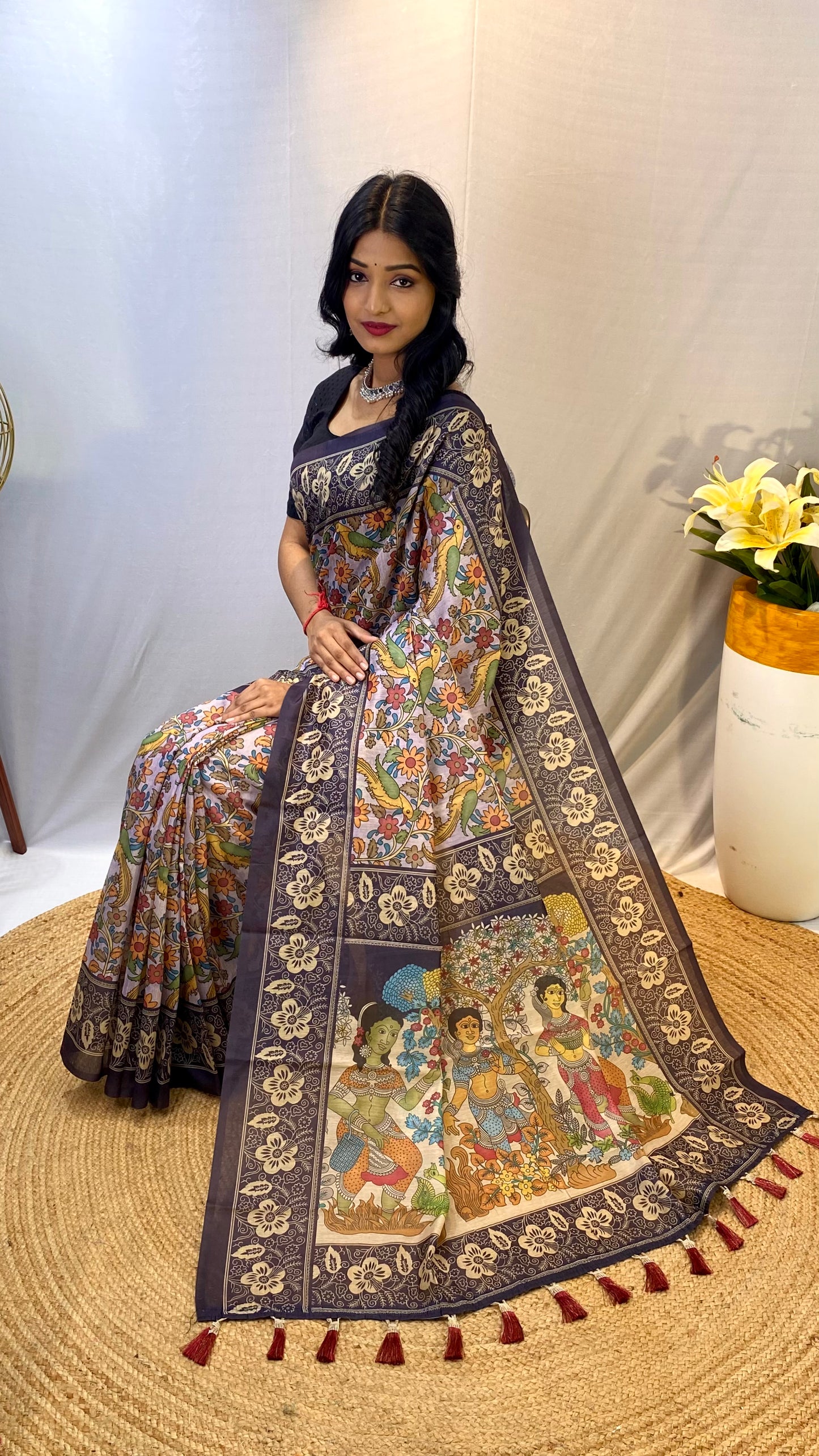 Stylish Soft Cotton Chanderi Sarees with Kalamkari Digital Print and Tassels