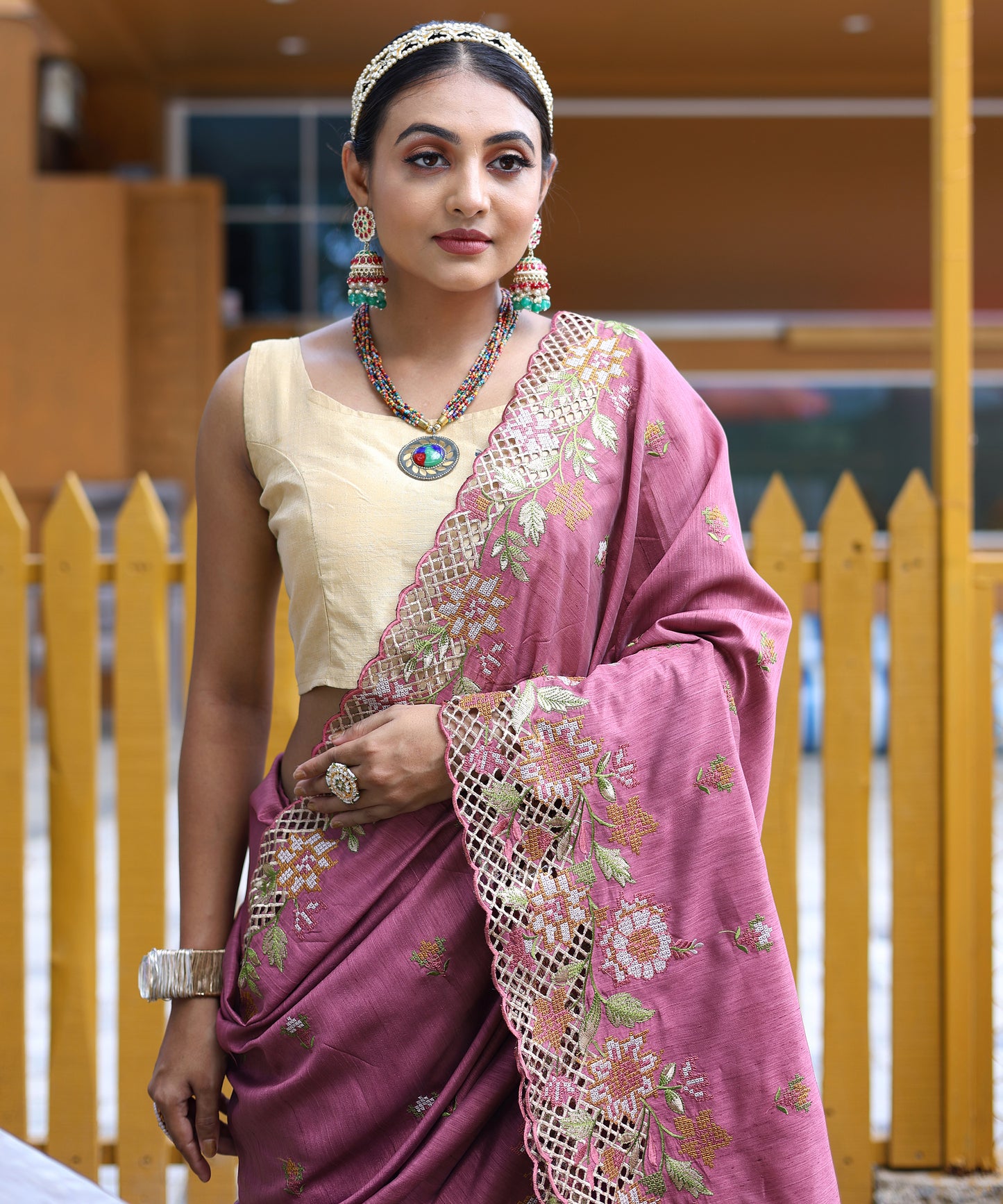 Lavender Floral Embroidered Pure Silk Saree