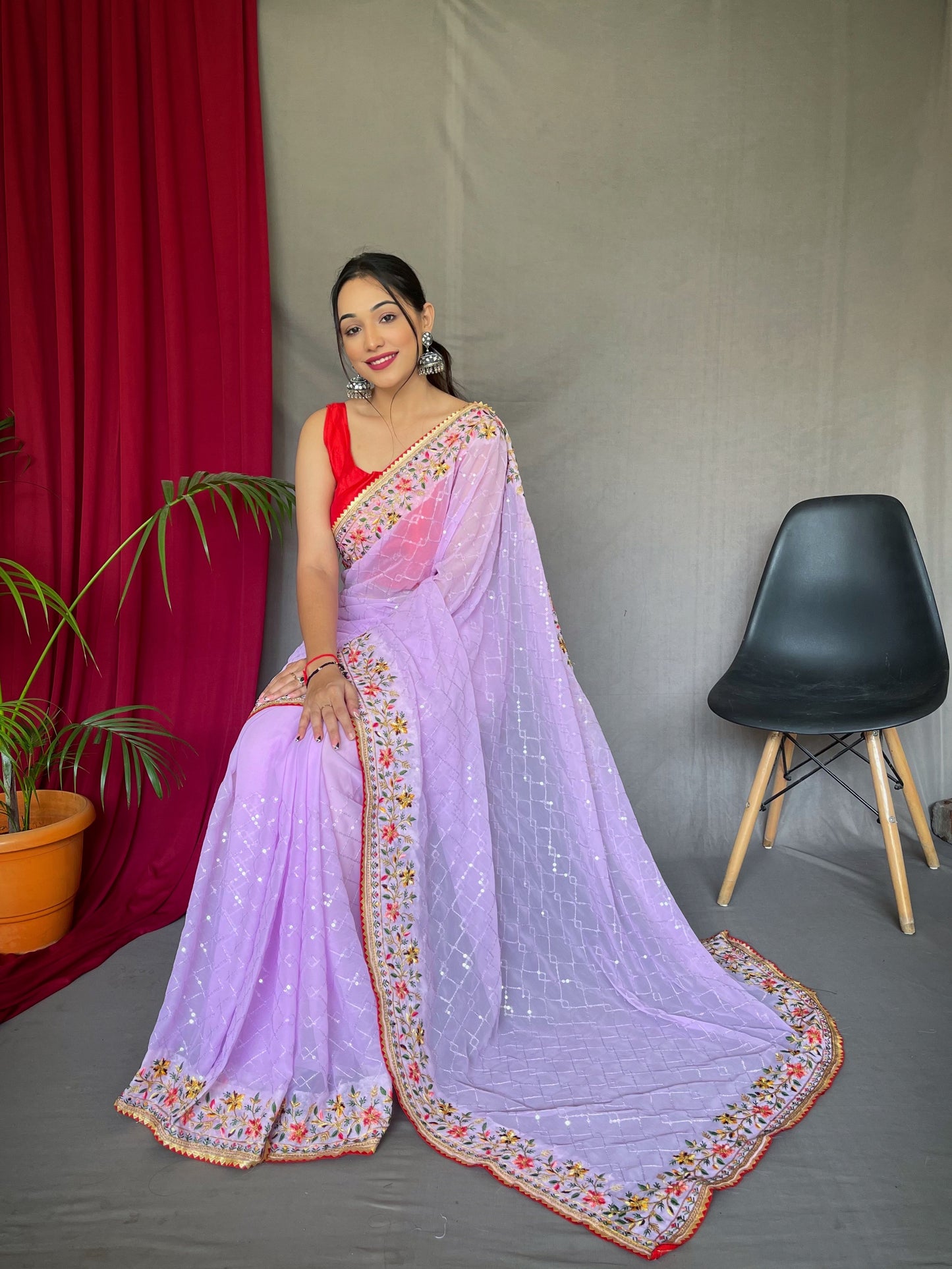 Embroidered Georgette Saree in Light Purple