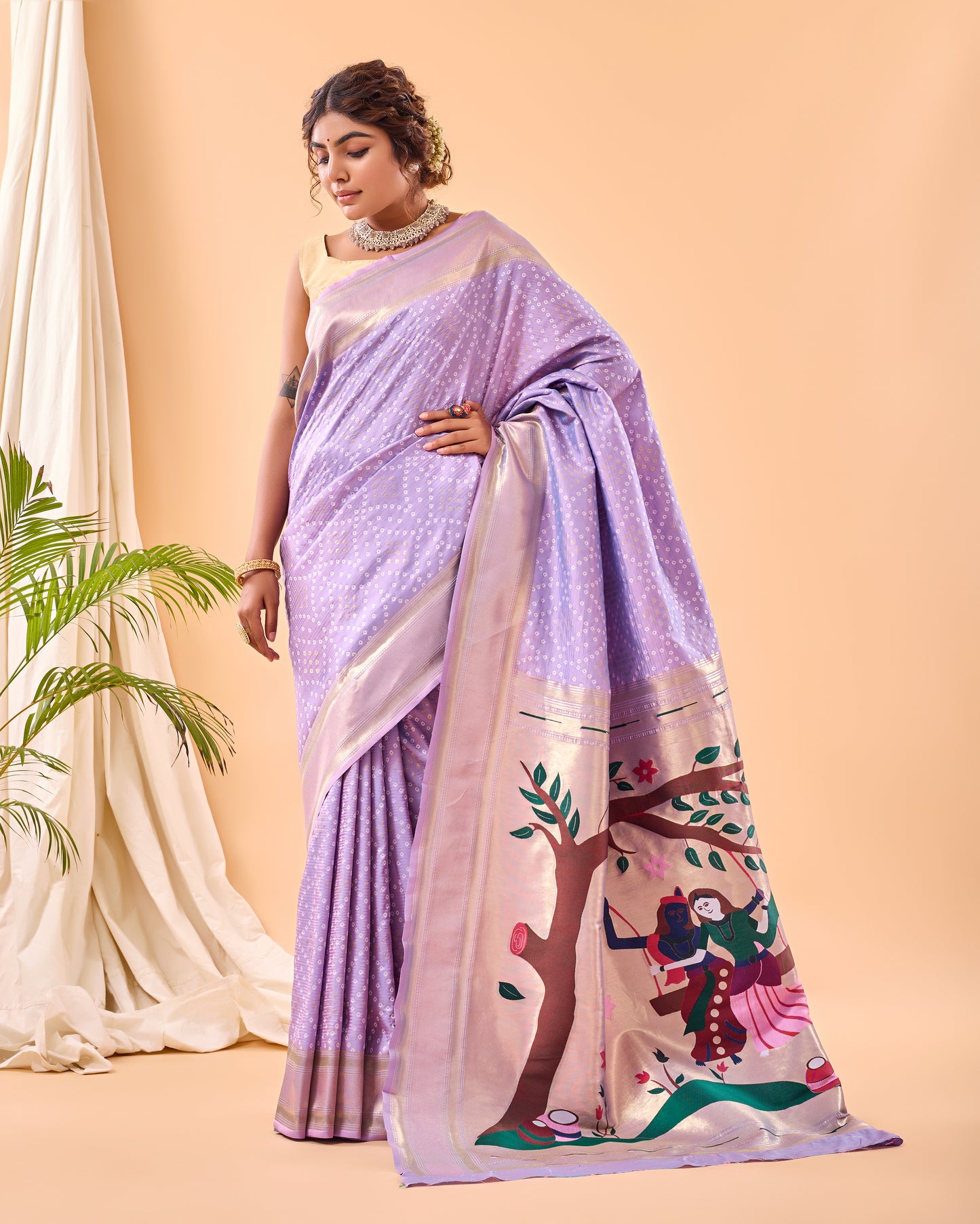 Lavender Soft Silk Bandhej Weaving Saree