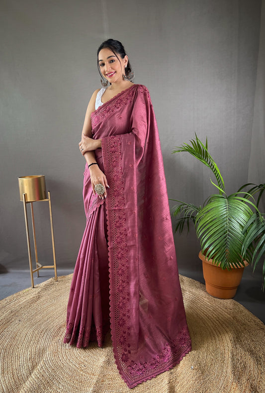 Dark Embroidered Pink Saree With Resham Work And Unstitched Blouse