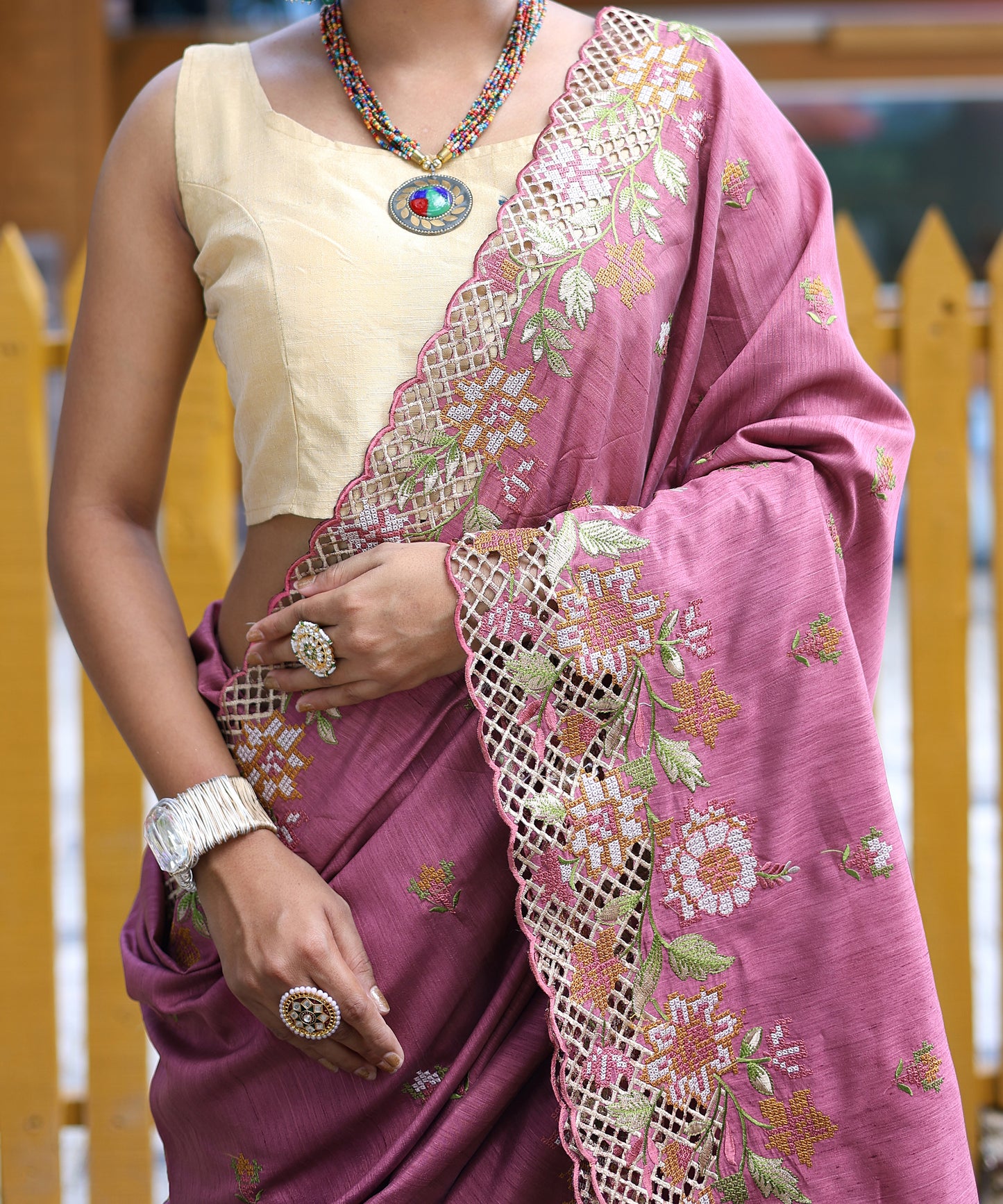 Lavender Floral Embroidered Pure Silk Saree