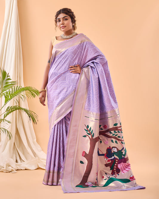 Lavender Soft Silk Bandhej Weaving Saree