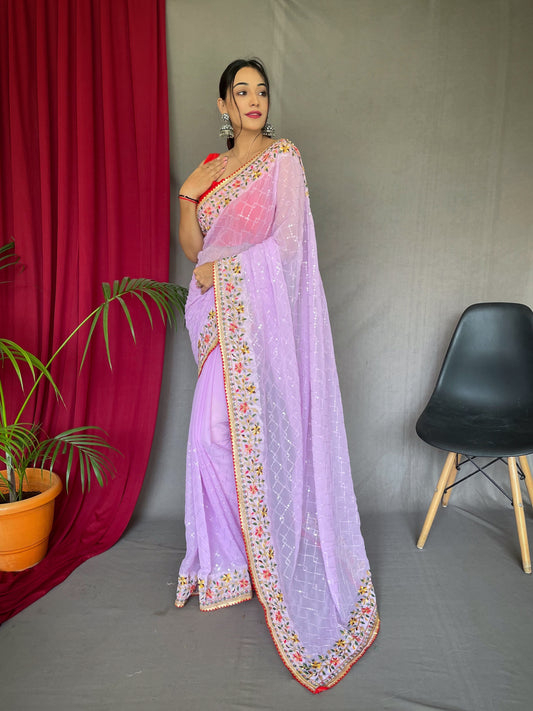 Embroidered Georgette Saree in Light Purple