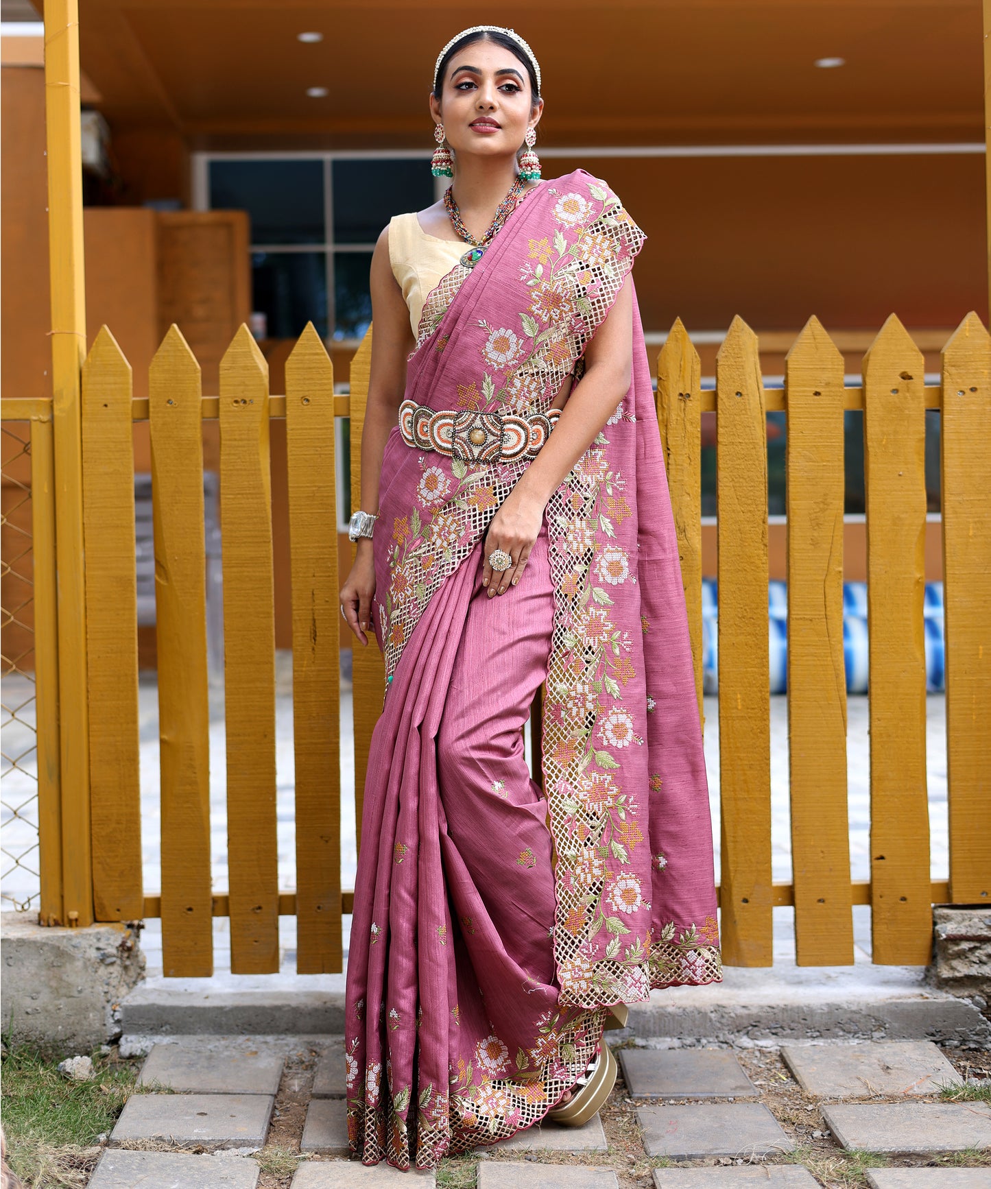 Lavender Floral Embroidered Pure Silk Saree