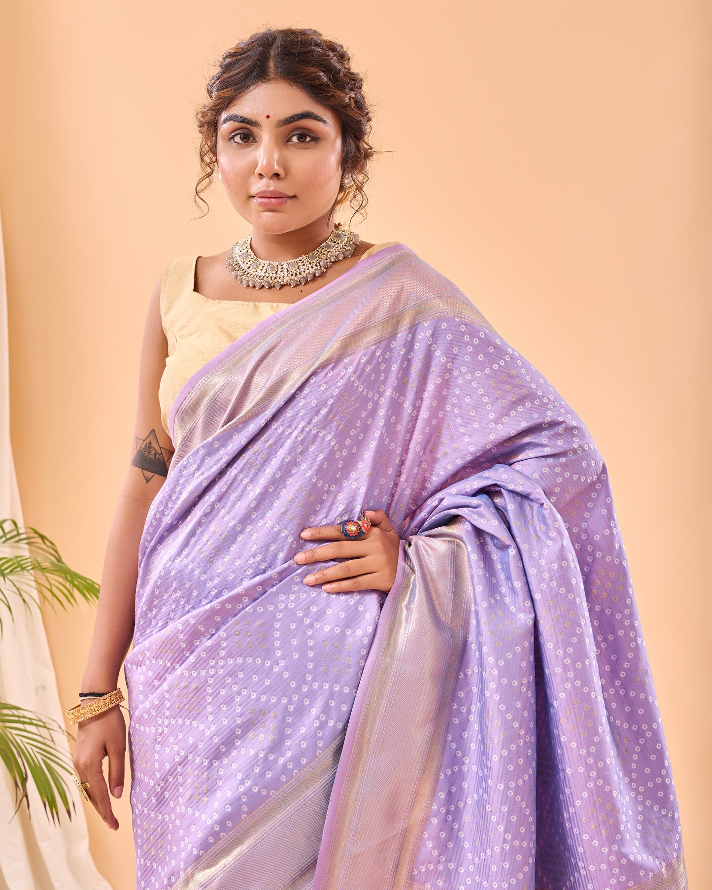 Lavender Soft Silk Bandhej Weaving Saree