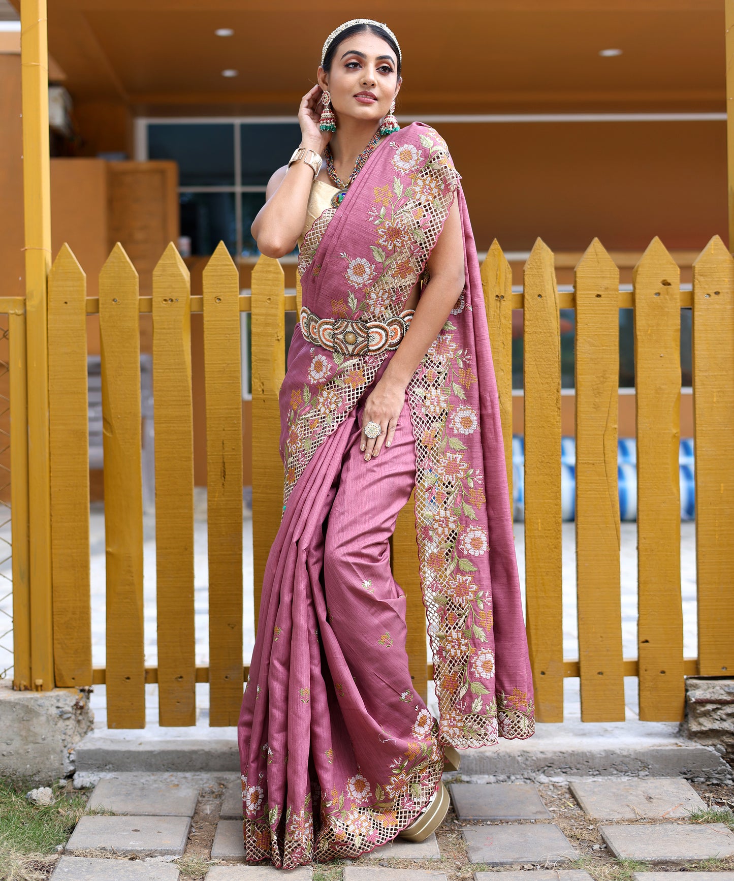 Lavender Floral Embroidered Pure Silk Saree