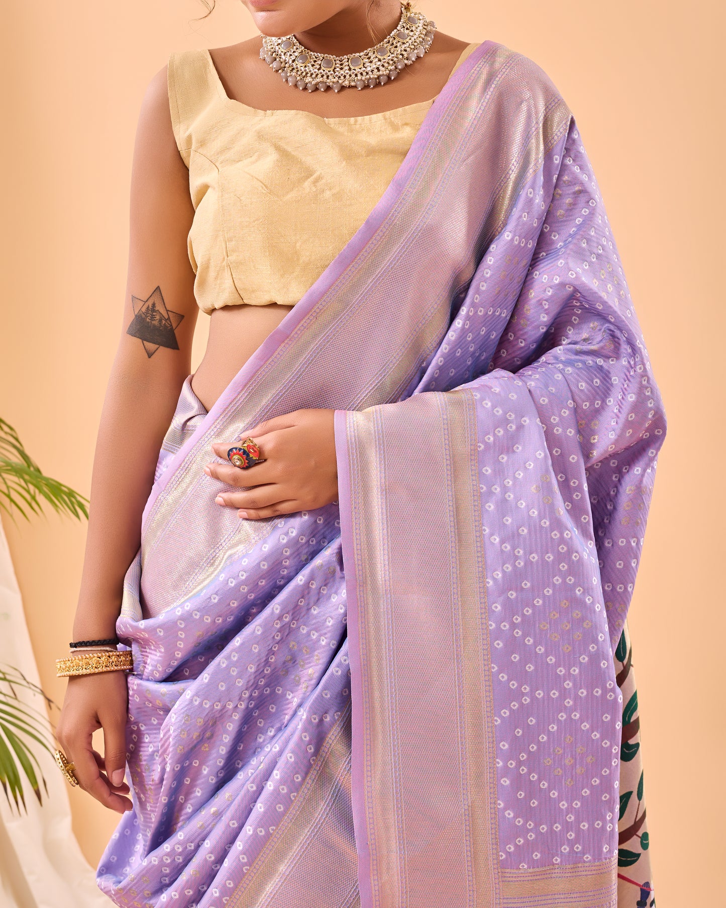 Lavender Soft Silk Bandhej Weaving Saree