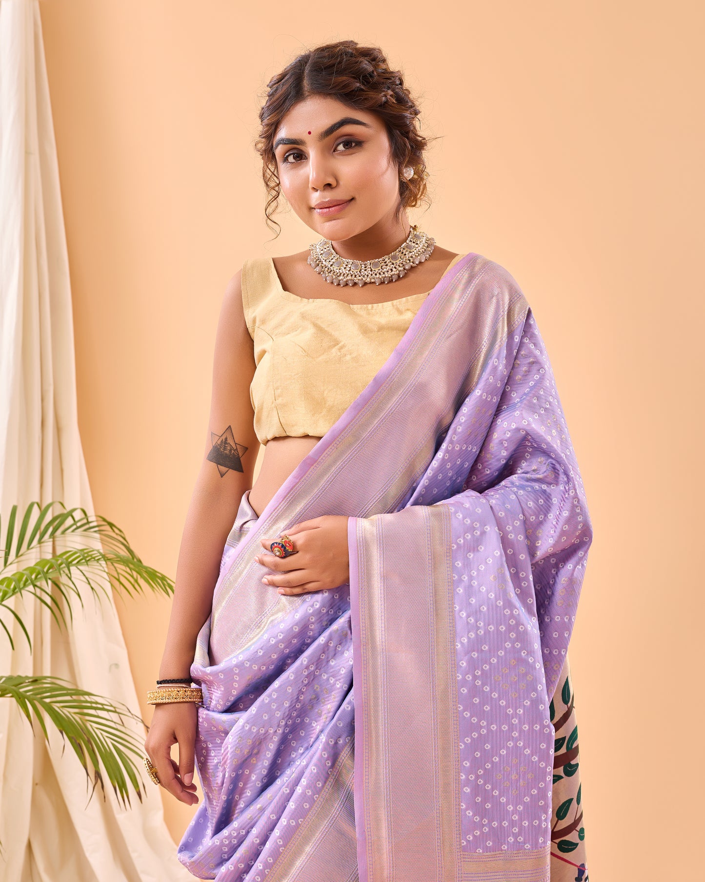 Lavender Soft Silk Bandhej Weaving Saree