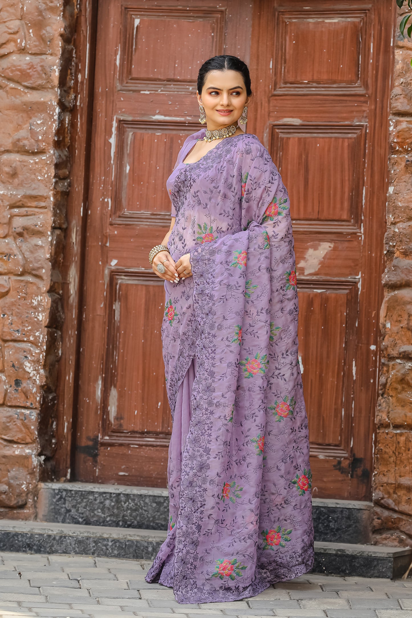 Radiant Lavender Color Chiffon Saree with Zari & Embroidery Work