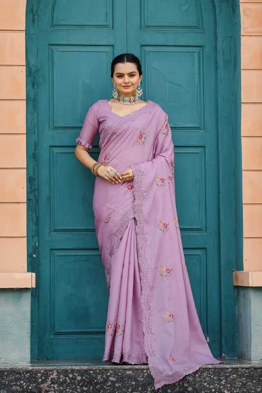 Women Embroidered Lavender Saree with Contrast Border