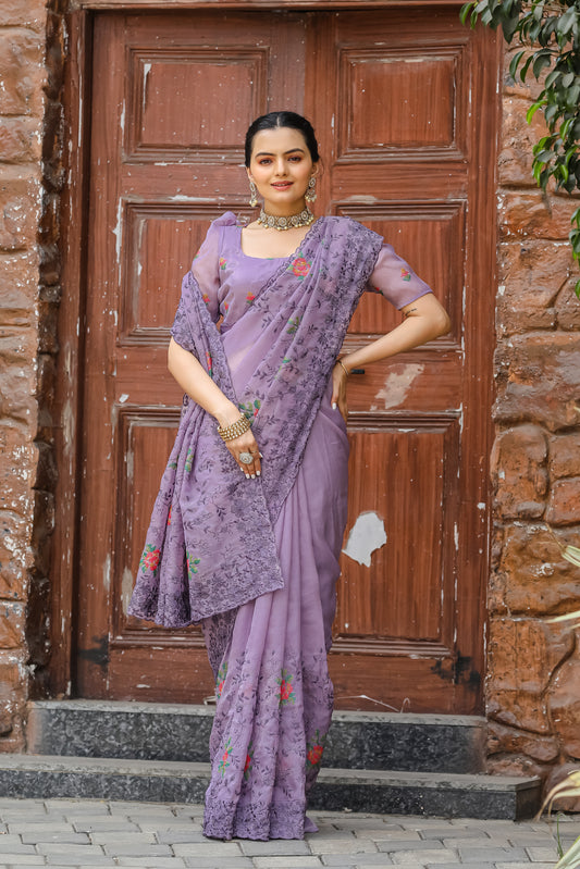 Radiant Lavender Color Chiffon Saree with Zari & Embroidery Work