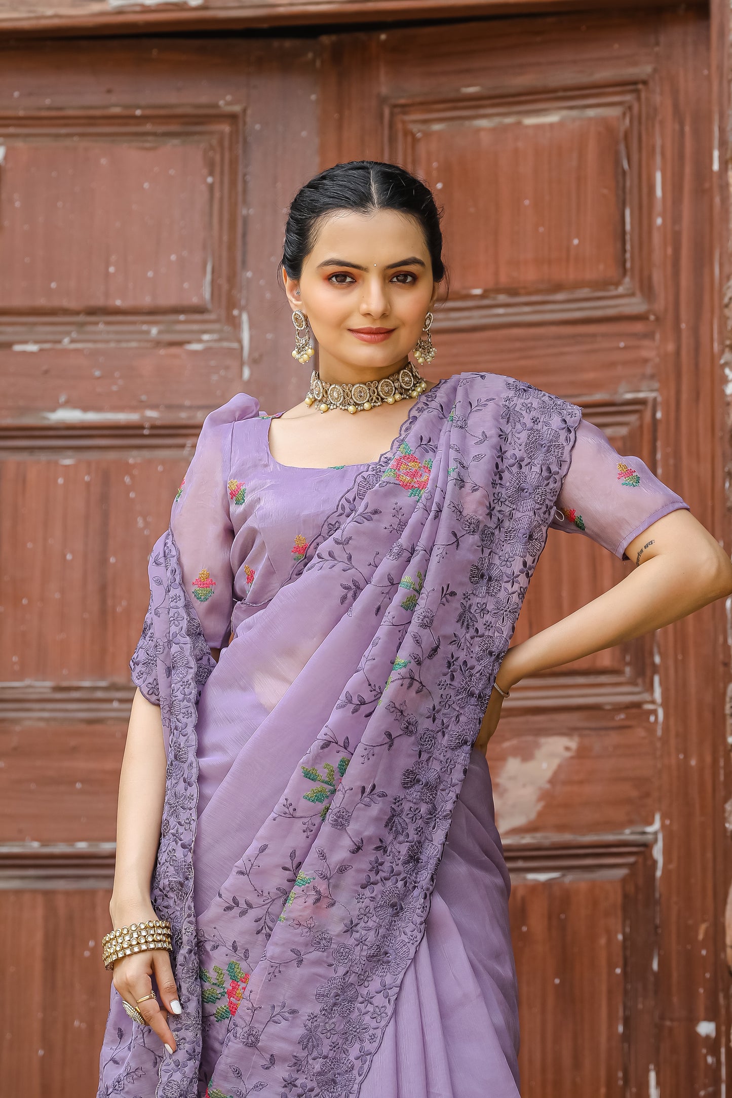 Radiant Lavender Color Chiffon Saree with Zari & Embroidery Work