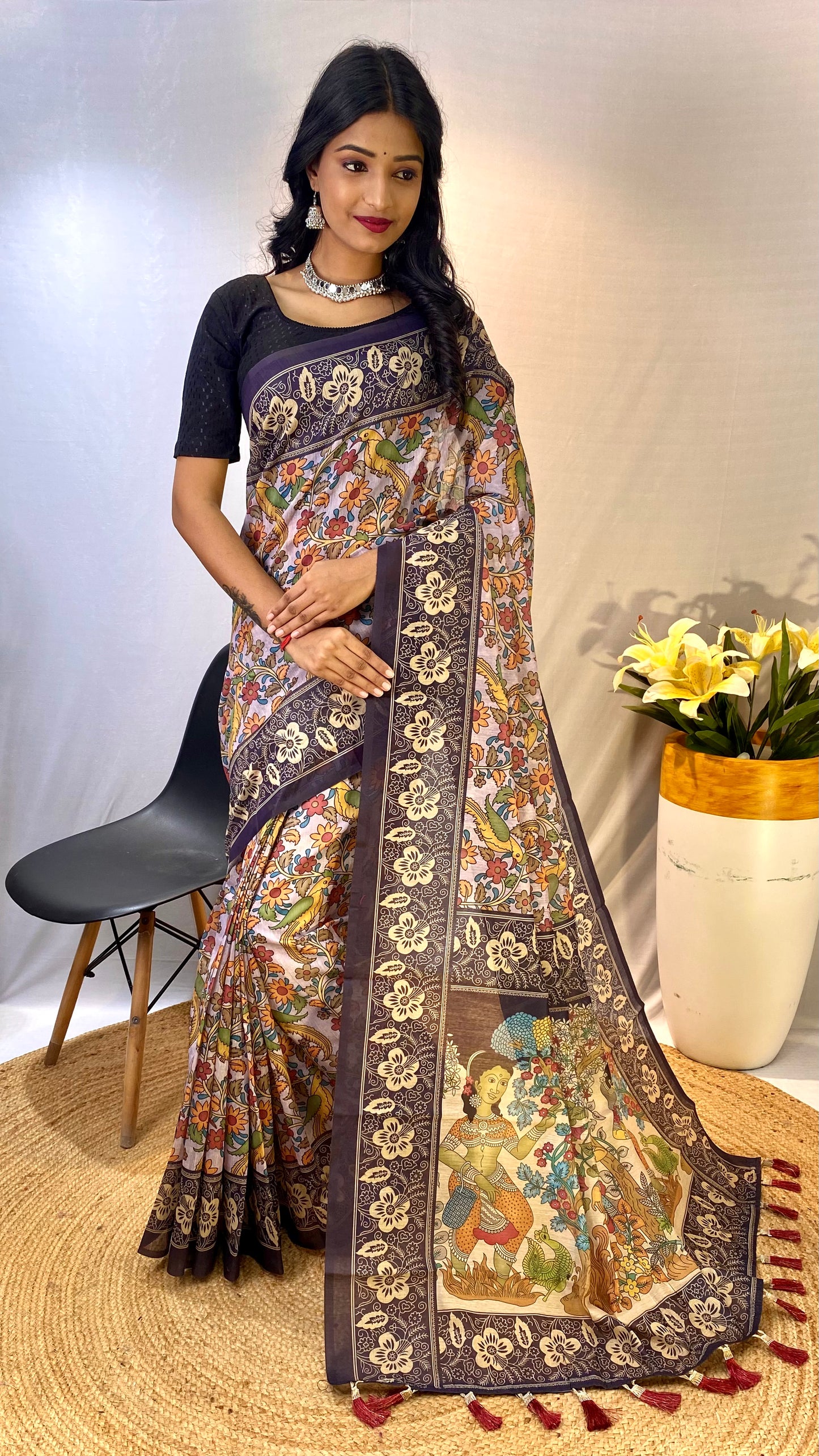 Stylish Soft Cotton Chanderi Sarees with Kalamkari Digital Print and Tassels