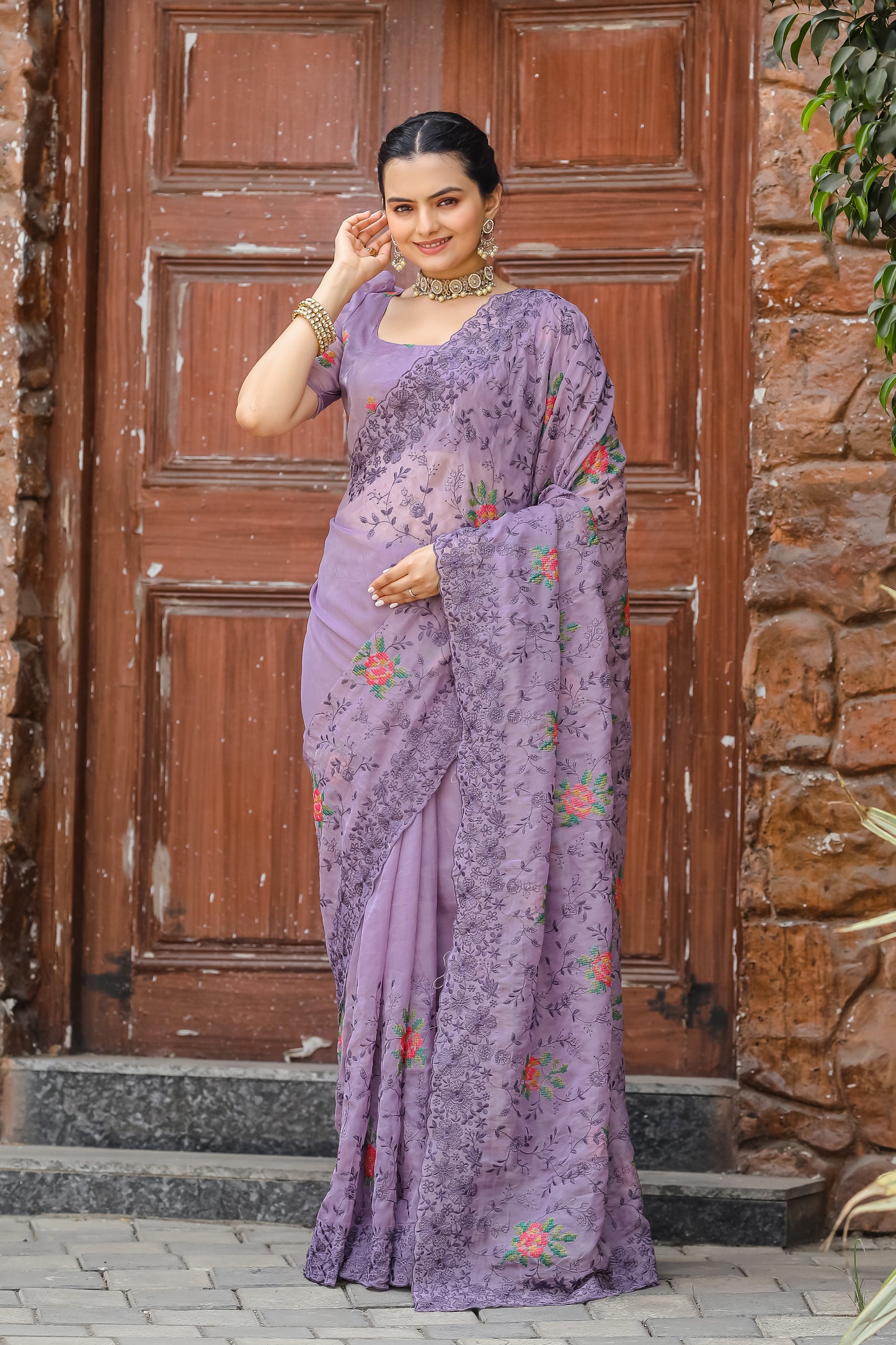 Radiant Lavender Color Chiffon Saree with Zari & Embroidery Work