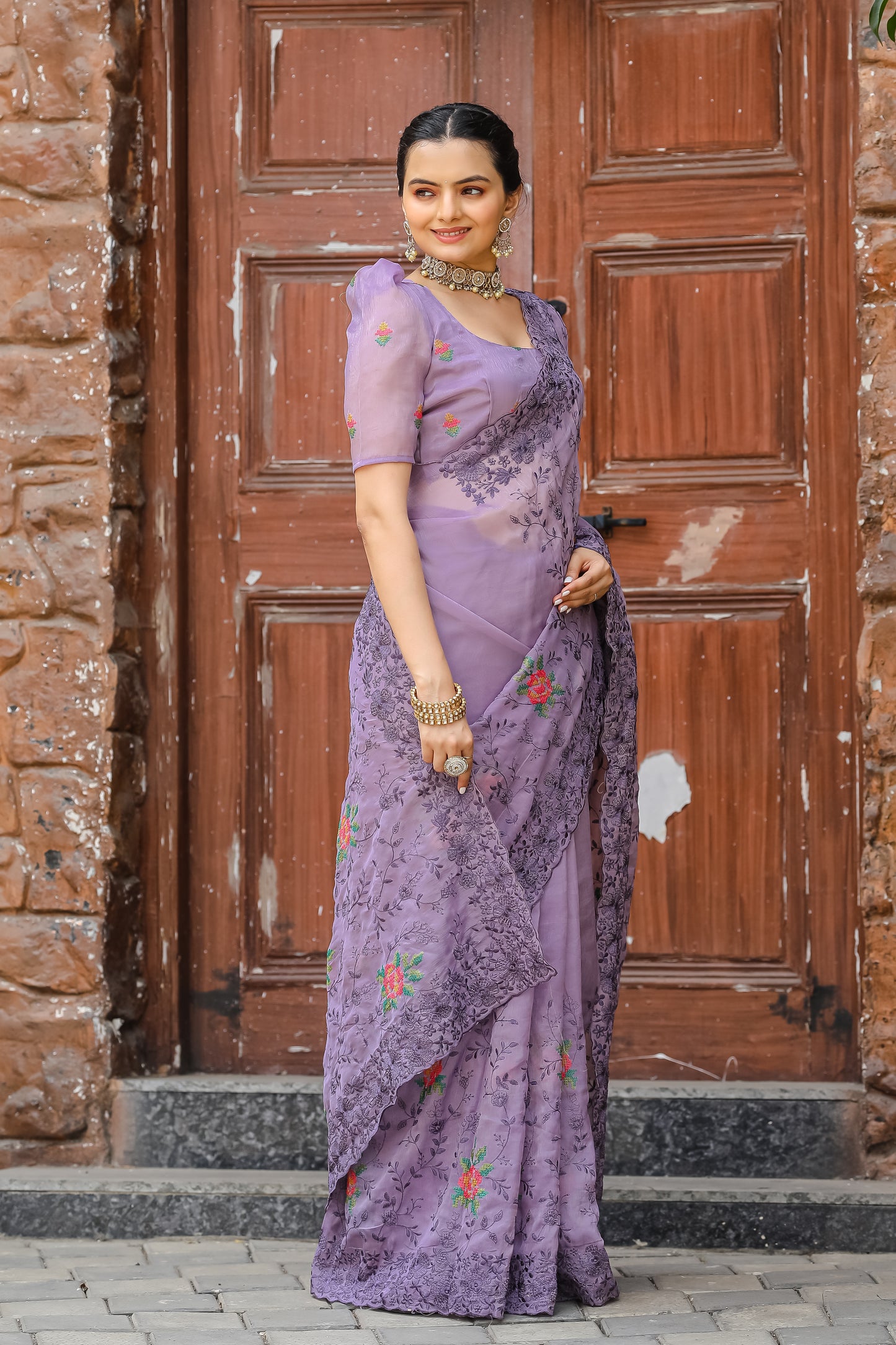 Radiant Lavender Color Chiffon Saree with Zari & Embroidery Work