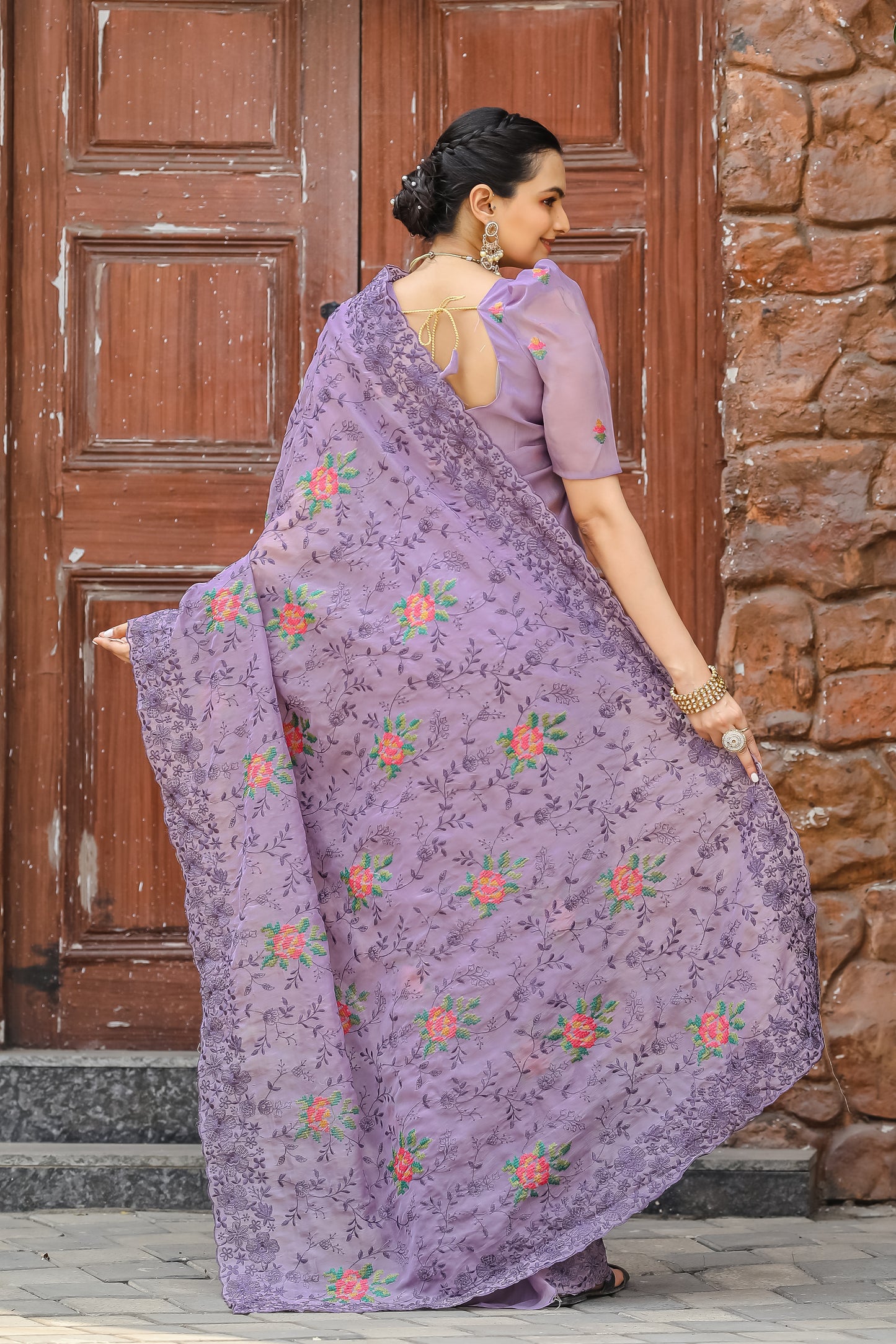 Radiant Lavender Color Chiffon Saree with Zari & Embroidery Work