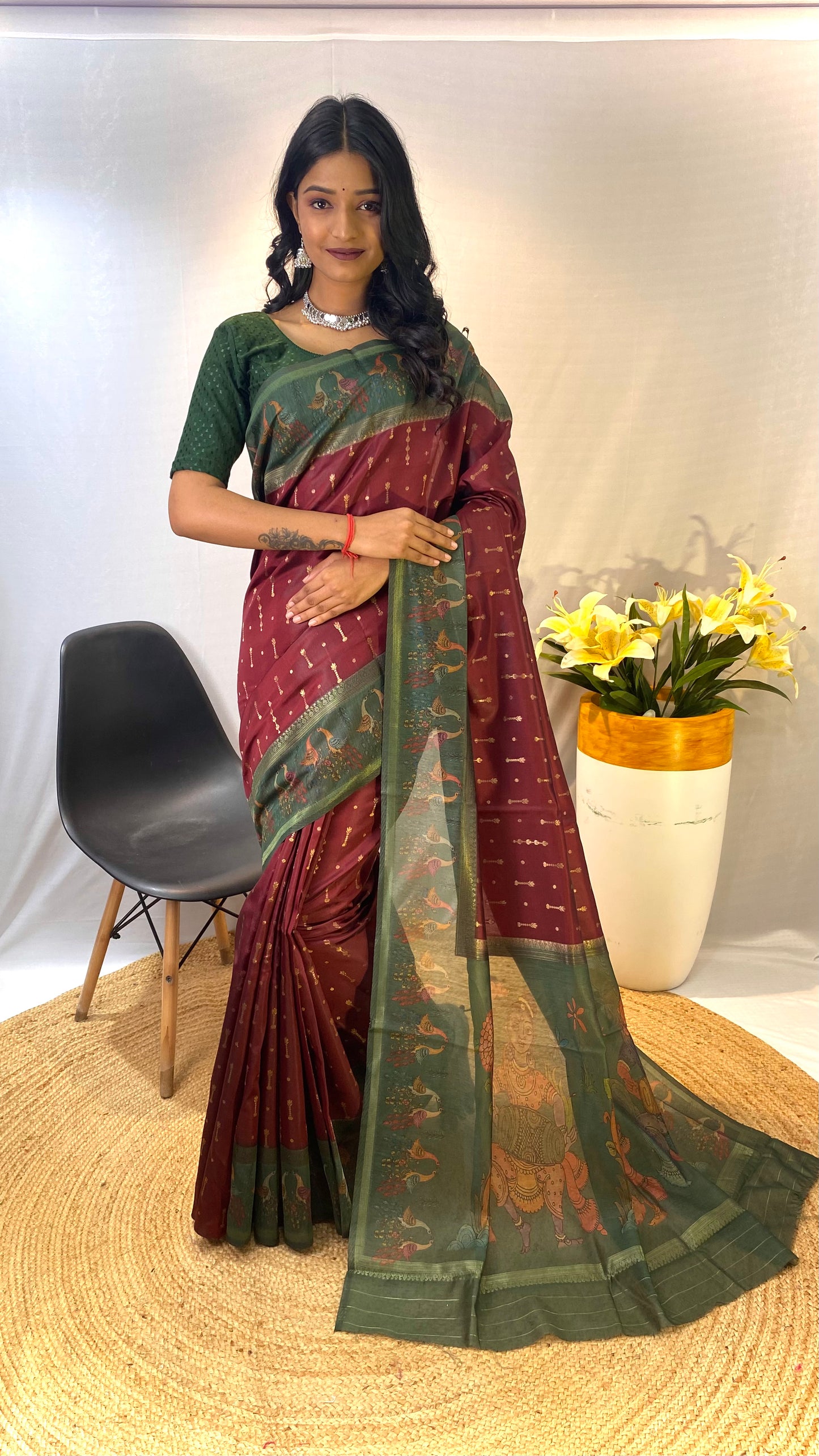 Maroon Chanderi Silk Sarees With Contrast Pallu & Border Printed With Contrast Blouse