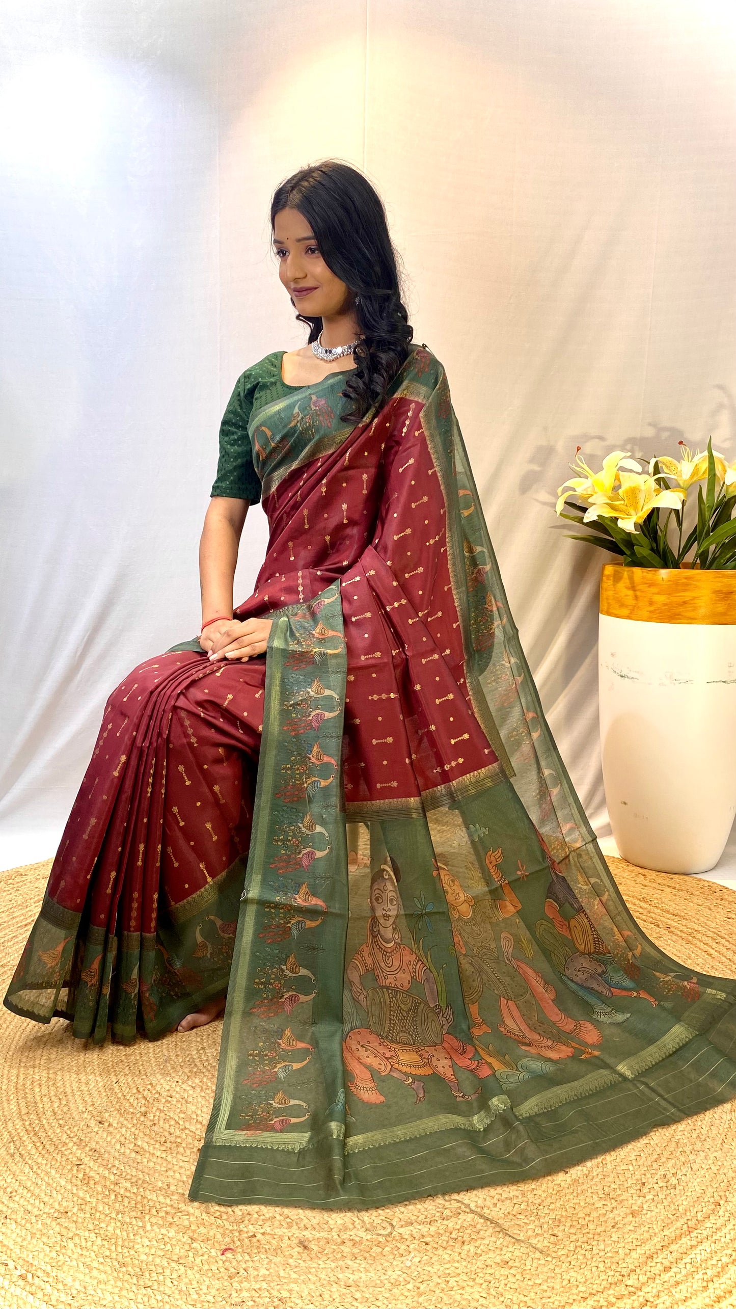 Maroon Chanderi Silk Sarees With Contrast Pallu & Border Printed With Contrast Blouse